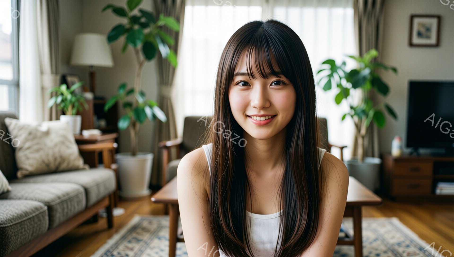 長い黒髪で、前髪が目の上にかかる女性が写っています。白いタンクトップを着ており、笑顔でカメラを見ています。背景はリビングルームで、ソファ、観葉植物、そして薄いカーペットが見え、温かく快適な雰囲気です。 - AI生成フリー素材