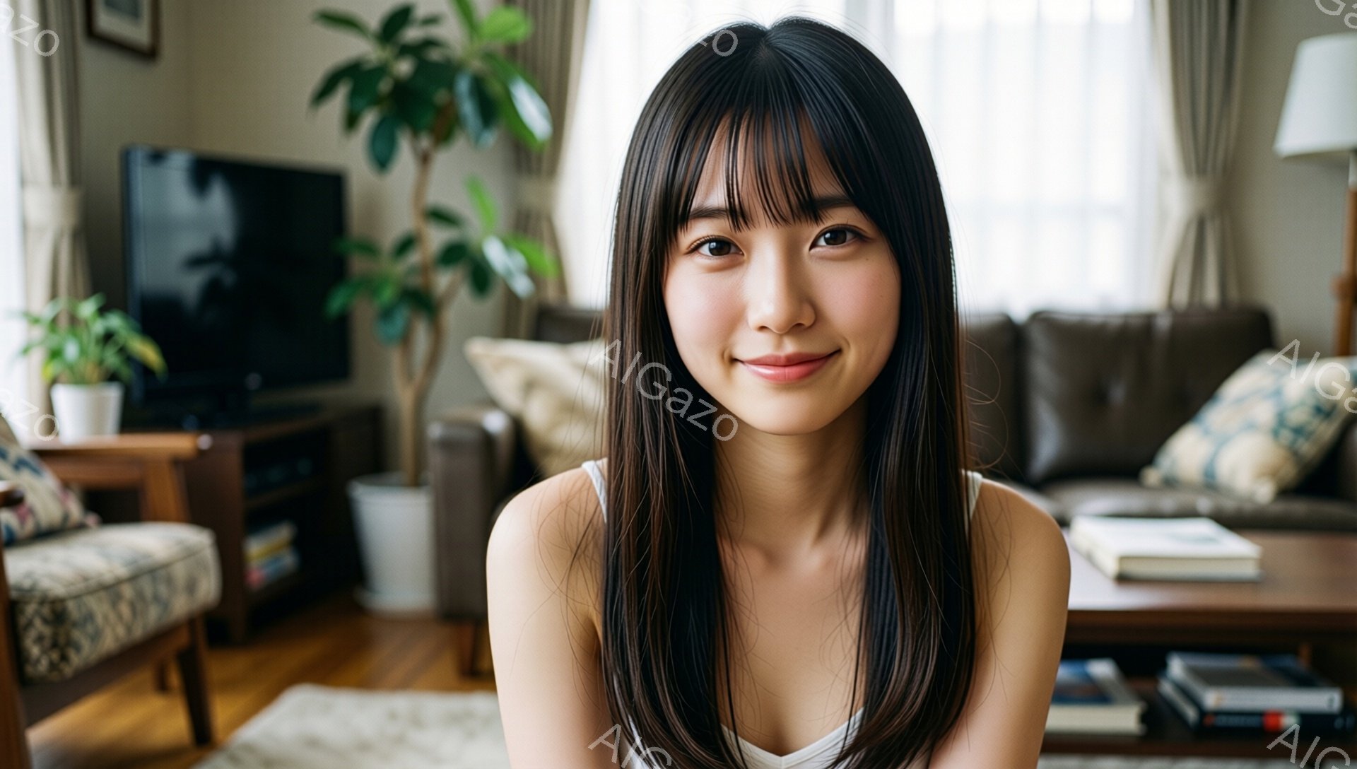 黒髪の長いストレートヘアで、前髪は眉毛にかかるようにカットされた若い女性が写っている。白いタンクトップを着ており、少し微笑んでいて、リラックスした表情をしている。背景には茶色のソファや観葉植物があり、リビングルームのような暖かく落ち着いた雰囲気である。