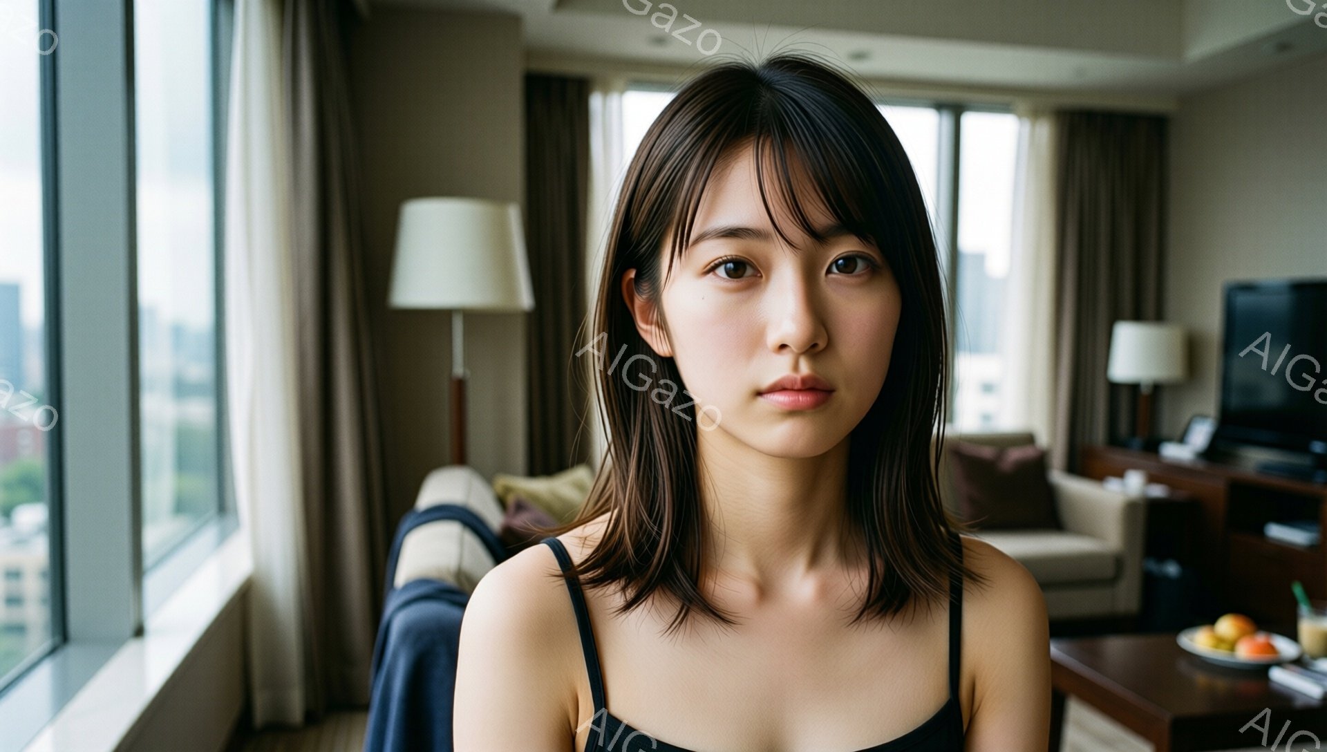 画像には、肩出しの黒いキャミソールを着た若い女性が写っています。彼女は肩までの長さのダークブラウンの髪を持ち、前髪は眉毛にかかるようにカットされています。背景には、大きな窓から見える都市の景色と、ソファやテーブルのある明るいリビングルームが広がっています。