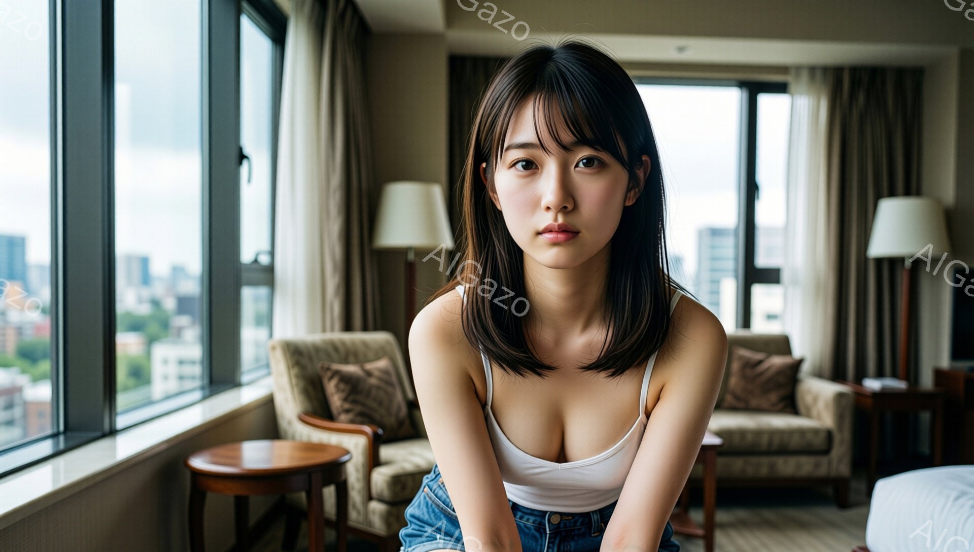 長い黒髪の女性が、白いタンクトップとデニムのショートパンツを着て、少し憂いを帯びた表情でカメラを見つめている。彼女は膝を曲げた状態で座っており、背景には大きな窓から見える都市の景色と、ベージュと茶色の落ち着いた内装の部屋が見える。全体的に、都会的でありながらもリラックスした雰囲気が漂っている。