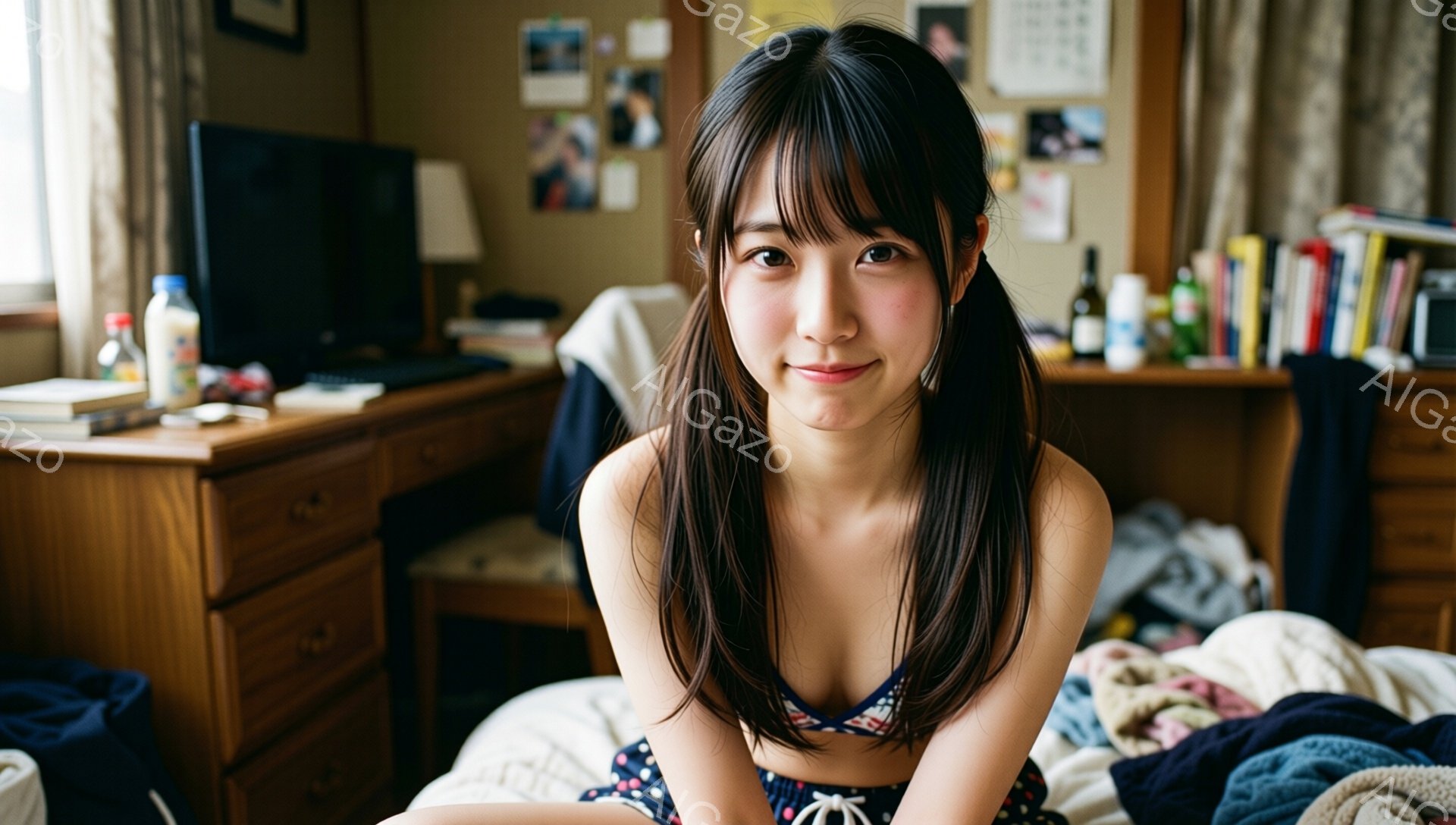 長い黒髪をセンターパートにして、少しだけサイドに髪を垂らした女性が写っています。赤い花柄のキャミソールとショートパンツ姿で、ベッドに座って微笑んでいます。背景には木製のチェストや本棚があり、部屋の中の様子がうかがえ、全体的に温かく親しみやすい雰囲気です。