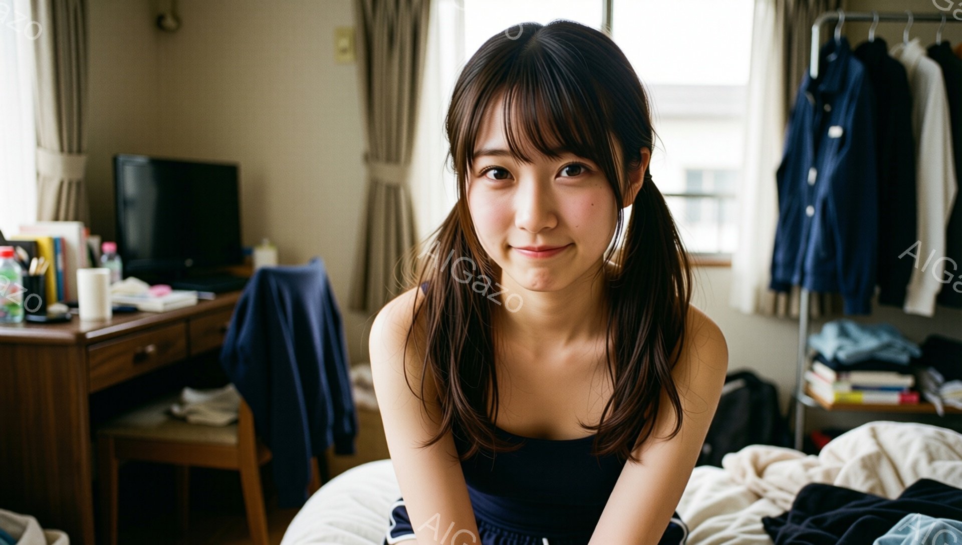 画像には、茶色の髪をハーフアップにした若い女性が写っています。彼女は黒いキャミソールを着ており、穏やかな笑顔を浮かべています。背景には、勉強机や服が掛けられたラックがあり、部屋全体がくつろぎと親しみやすさを感じさせます。