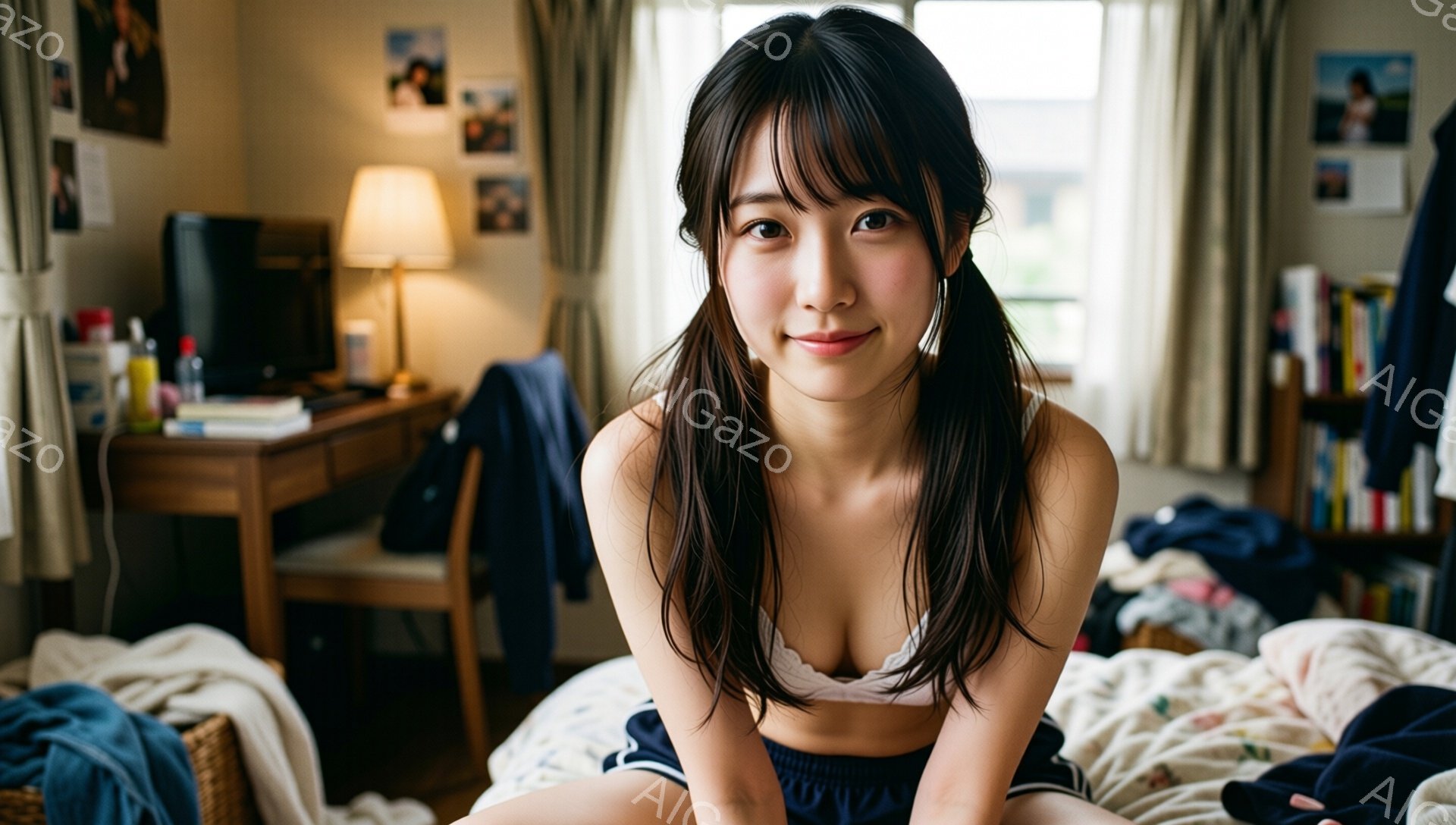 長い黒髪をハーフアップにした若い女性が、ベッドに座ってカメラに向かって微笑んでいます。白いブラトップと青いスポーツパンツを着用しており、リラックスしたカジュアルな装いです。背景には、机、本棚、そして窓から見える街並みが見え、室内が少し散らかっている様子がわかります。