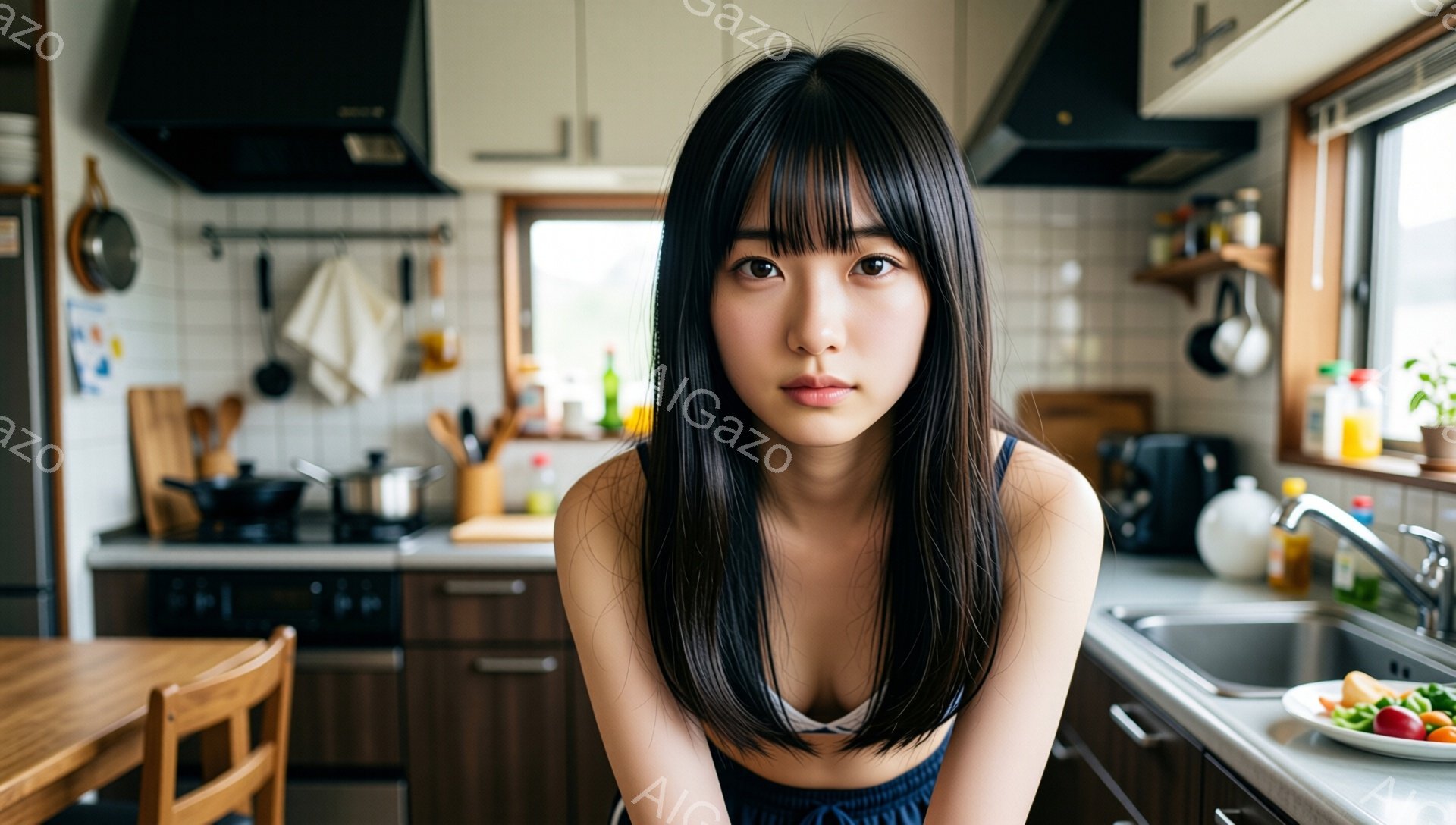 黒髪の長い髪型で、前髪が目にかかる女性がキッチンでこちらを見ている。彼女は黒いトップスと青い模様のボトムスを着ており、少し憂いのある表情をしている。背景には調理器具や食器が並んだキッチンがあり、窓からは自然光が差し込んでいる。