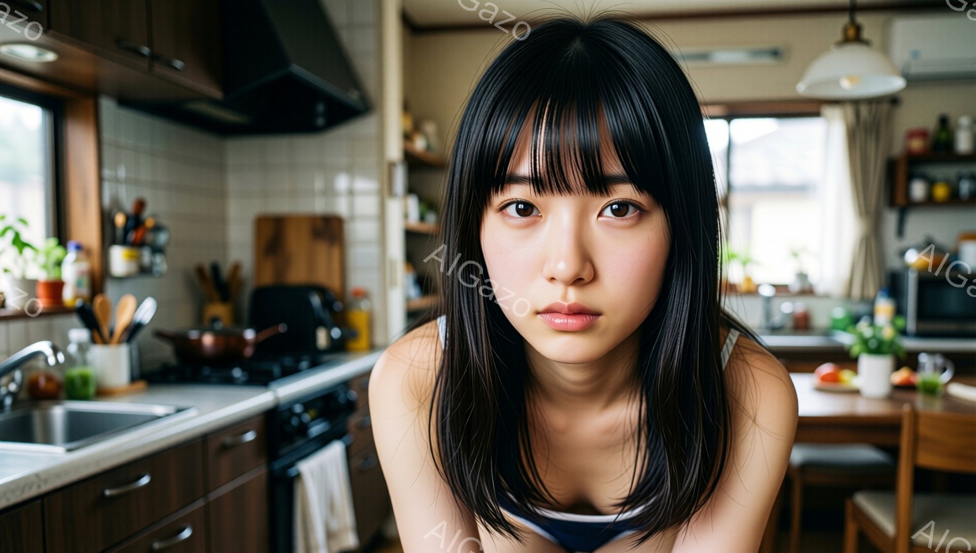 長い黒髪で前髪ぱっつんの女性が、キッチンでこちらを見ています。彼女はキャミソールのようなものを着ており、少し物憂げな表情をしています。背景には、調理器具や食器が並んだキッチンと、窓から見える住宅地がぼんやりと見えます。