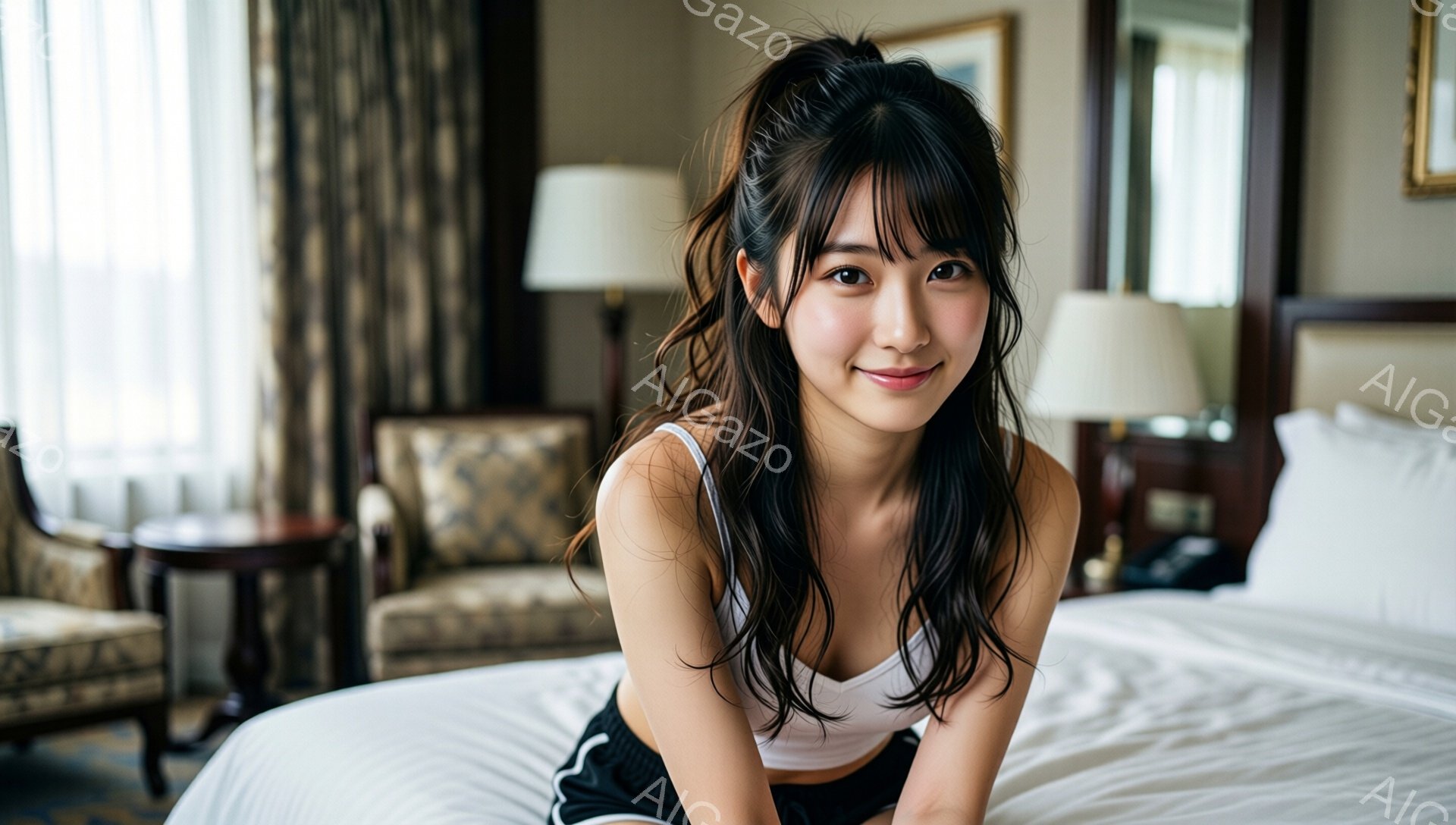 長い黒髪を無造作にまとめた女性が、白いベッドの上で微笑んでいます。白いタンクトップと黒いショートパンツを着用し、リラックスしたポーズでカメラを見つめています。背景には、金色の模様が入った椅子とテーブル、そして柔らかい光が差し込む窓が見え、ホテルの部屋のような落ち着いた雰囲気が漂っています。
