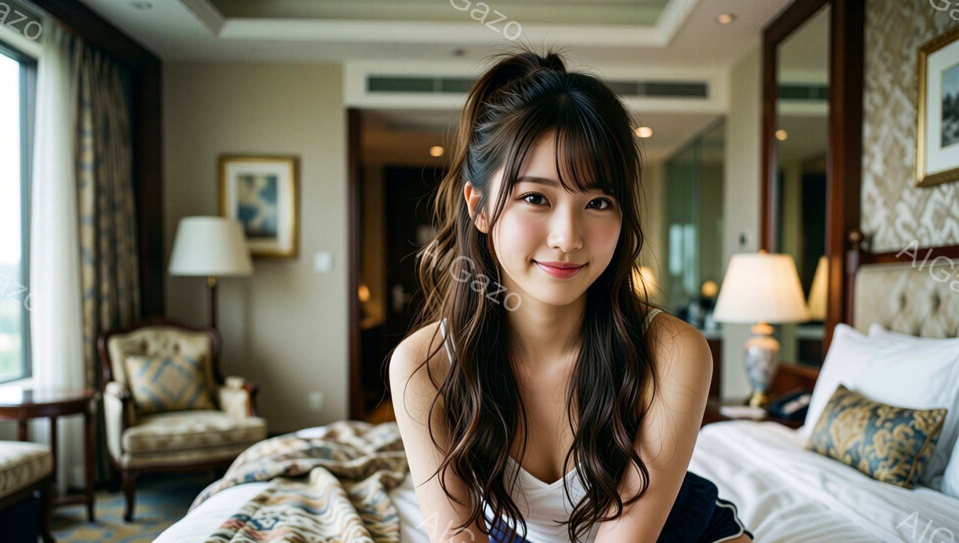 長いダークブラウンの髪をハーフアップにした若い女性が、ホテルらしき部屋のベッドに座ってこちらを見つめています。白いキャミソールと紺色のショートパンツを着ており、穏やかな笑顔を浮かべています。背景には、 - AI生成フリー素材