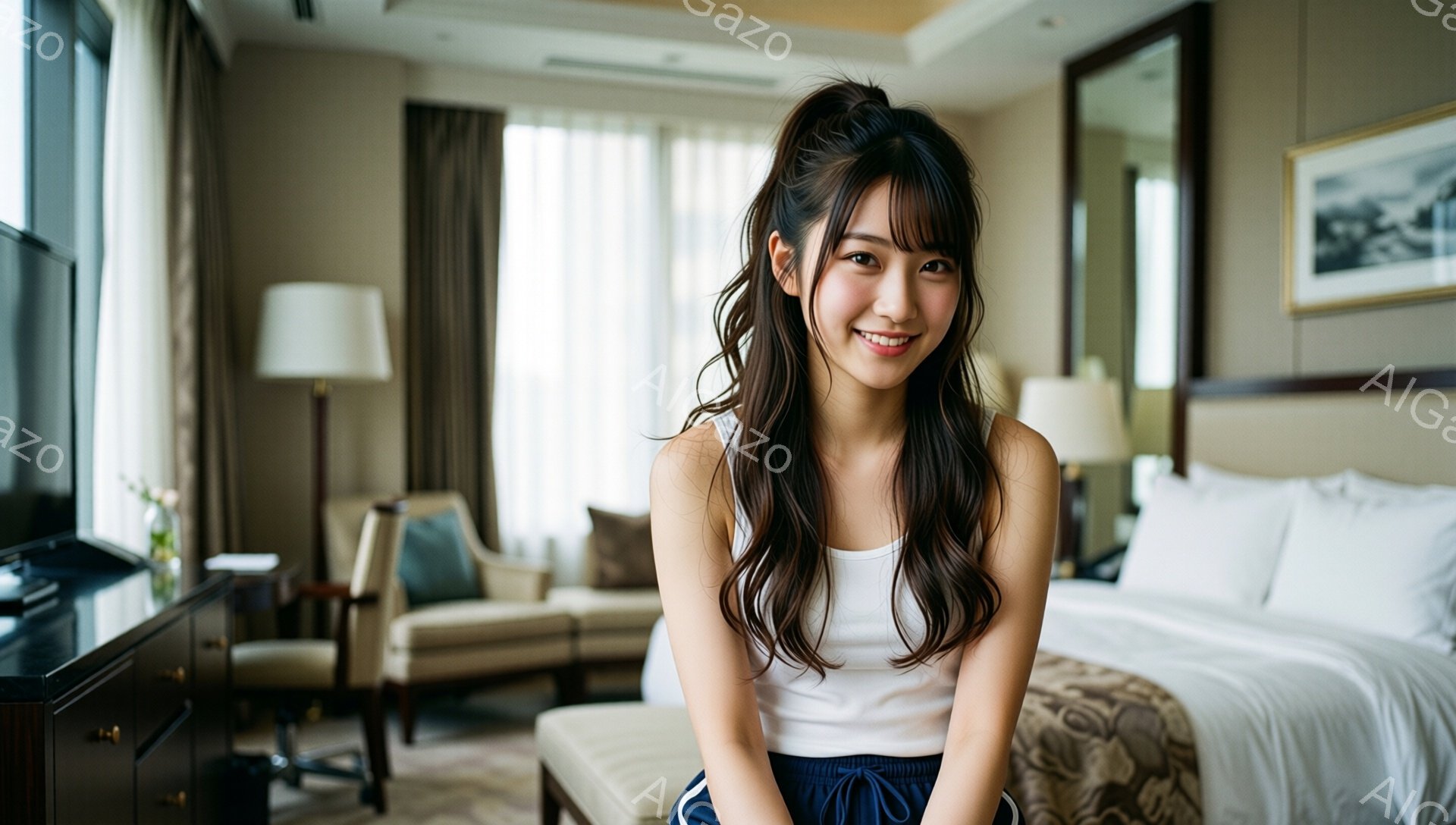 長い茶色の髪をハーフアップにした若い女性が、白いタンクトップと青いショーツ姿で座っています。彼女は微笑んでおり、リラックスした雰囲気です。背景には、ベージュと茶色の落ち着いた色調のホテルの一室が見え、ベッド、椅子、そして壁にかかった絵がぼやけています。