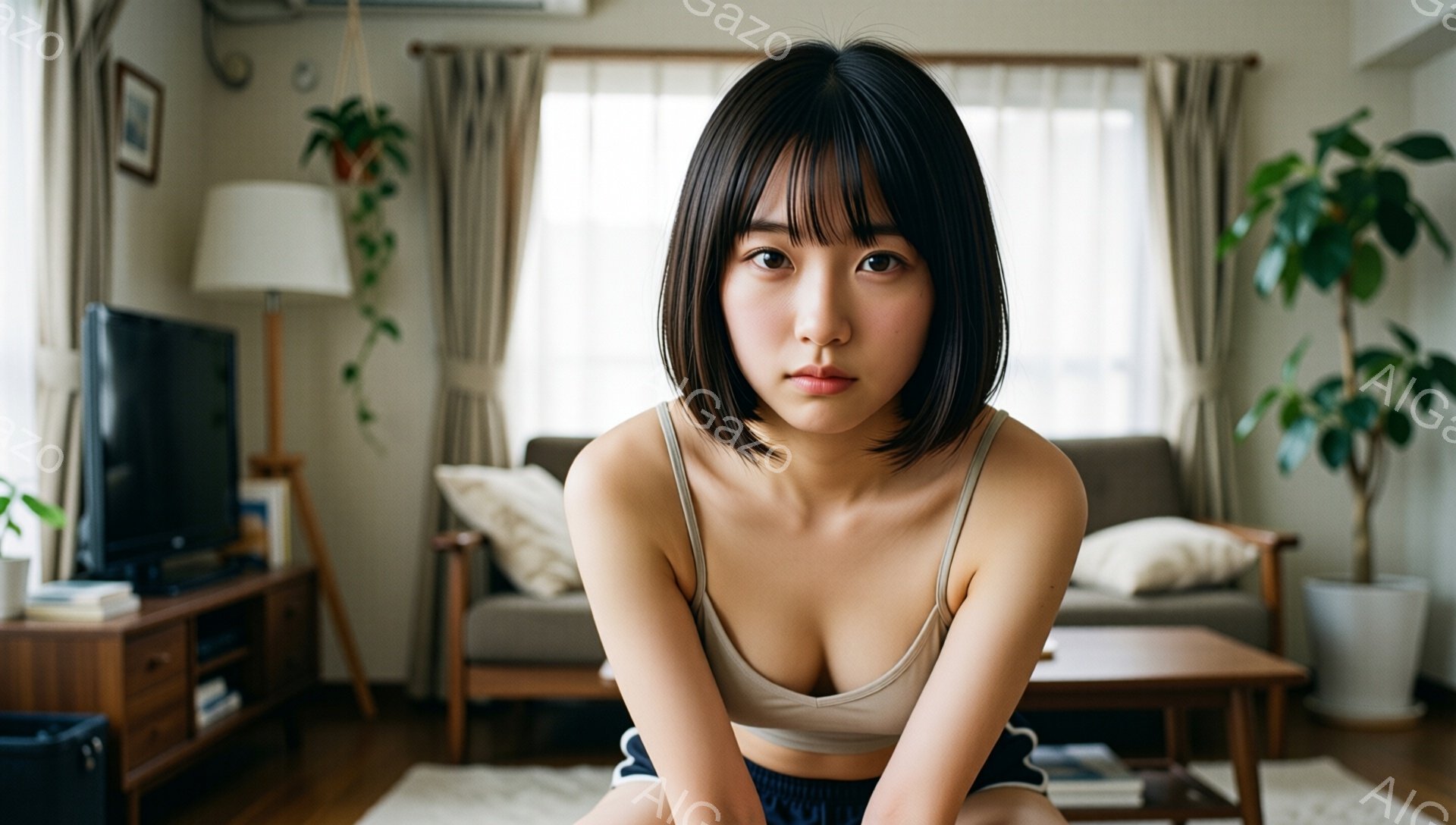 ショートヘアの若い女性が、ベージュのキャミソールとグレーのショートパンツを身につけて、床に座っている。彼女はカメラを見つめており、表情は少し無表情で、やや緊張しているように見える。背景には、ソファ、テレビ台、植物が置かれた、明るいリビングルームが写っている。