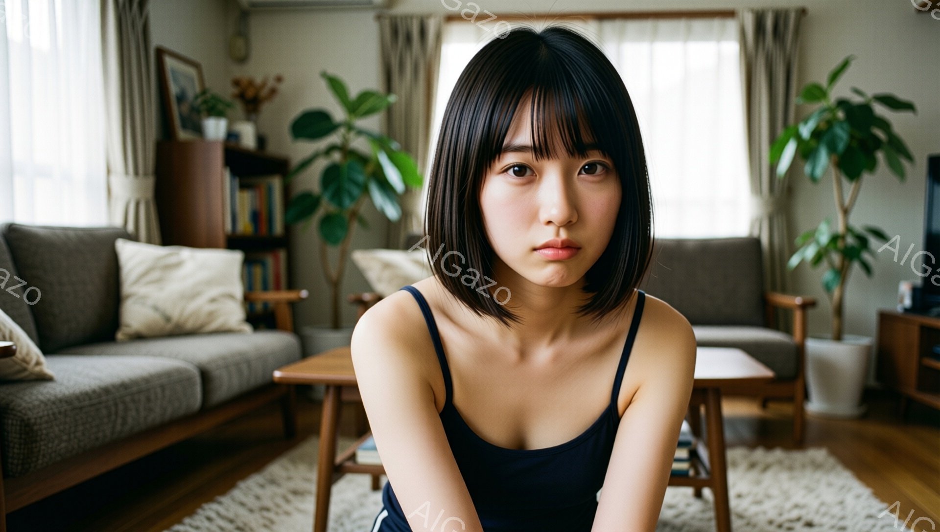 この女性は、黒いキャミソールと白いサイドストライプのスポーツパンツを着用し、床に座ってカメラを見つめています。彼女はダークブラウンの短いボブヘアで、前髪が目にかかっています。背景には、グレーのソファ、木製のテーブル、観葉植物、本棚のある明るいリビングルームがあり、全体的に落ち着いた雰囲気です。