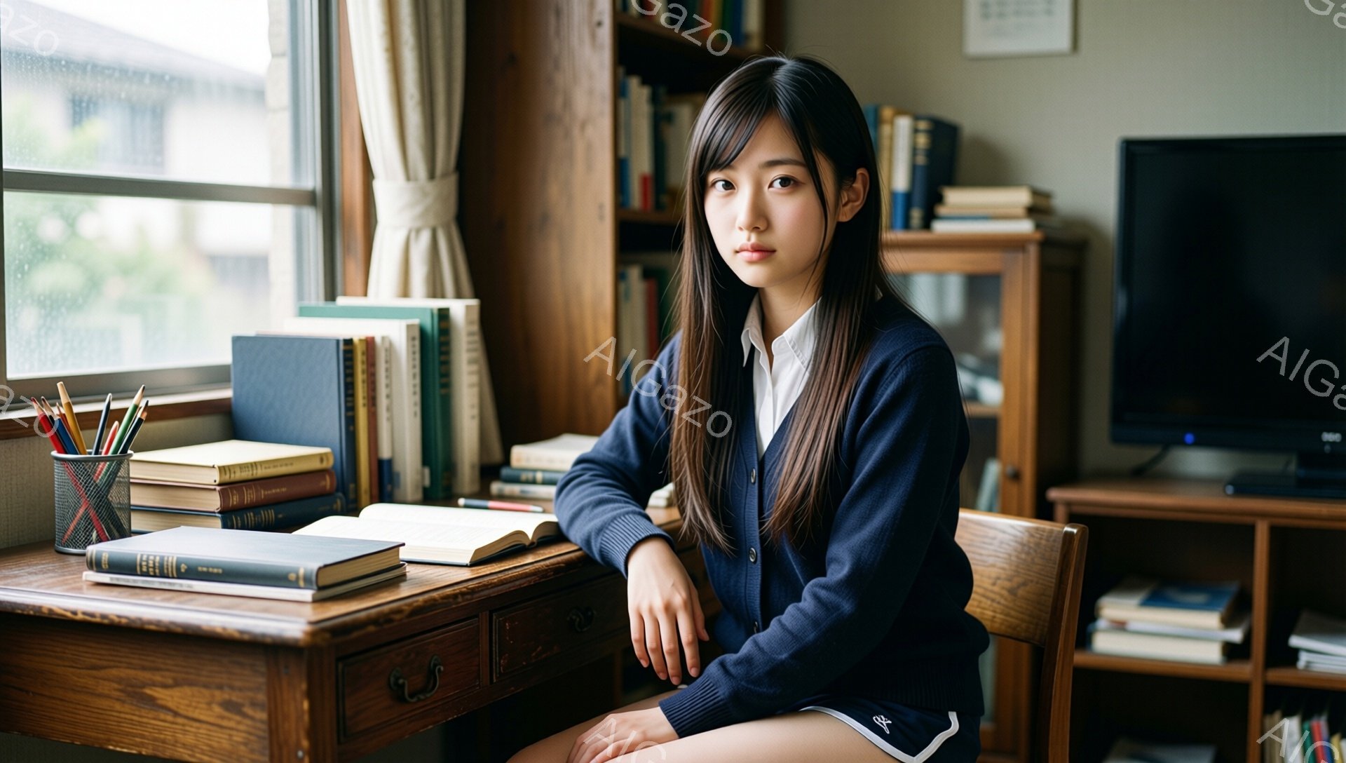 長い黒髪をなびかせた若い女性が、木製の椅子に座ってこちらを見ている。紺色のカーディガンと白いシャツ、紺色のスカートという制服姿で、少し真剣な表情をしている。背景には本棚が並び、窓の外には緑豊かな風景が広がっており、部屋全体が落ち着いた雰囲気である。
