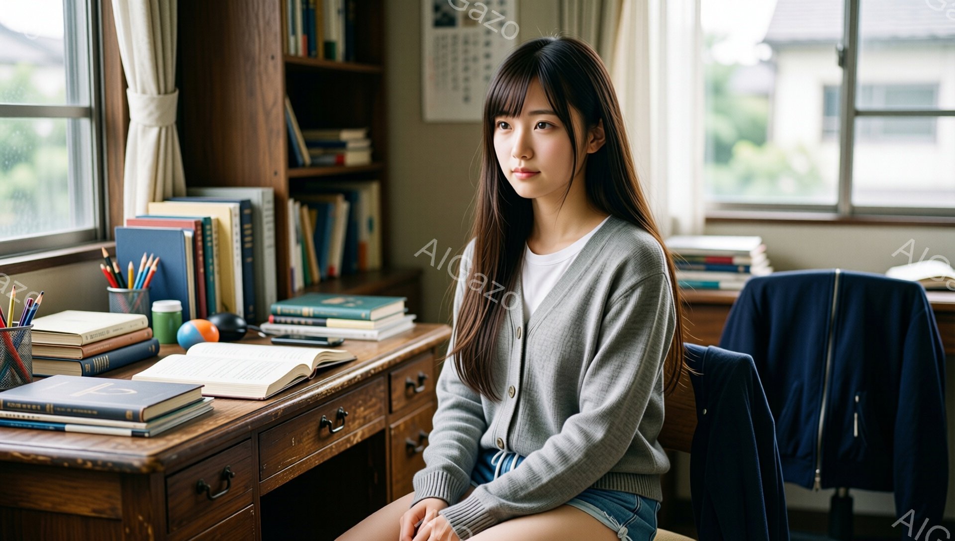 長い黒髪の女性が、カーディガンとデニムのショートパンツを着て、アンティーク調の机の前に座っています。彼女はわずかに微笑み、落ち着いた表情でカメラを見つめています。背景には、本棚、窓から見える緑、そして一部の建物が見え、静かで穏やかな雰囲気が漂っています。