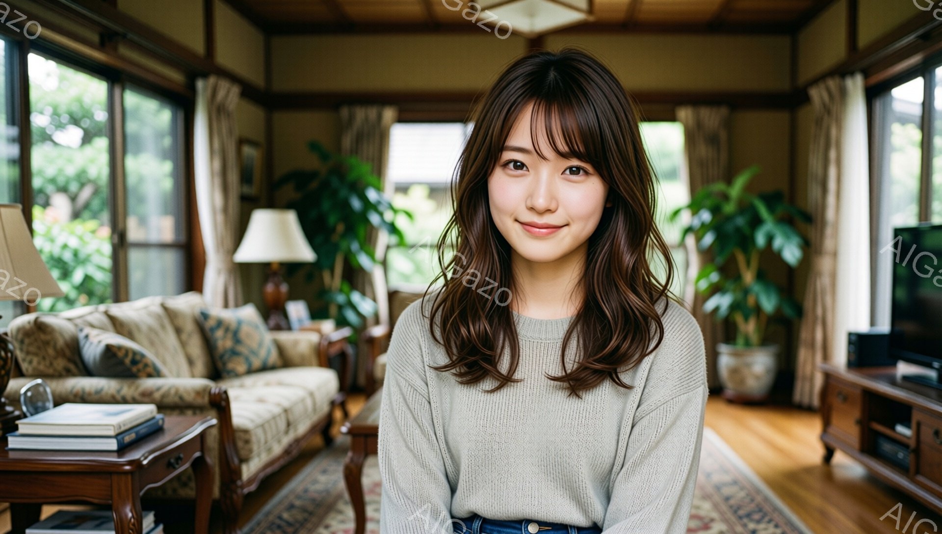 長い茶色の髪で、前髪が目にかかる女性が写っています。ベージュのセーターとジーンズを着て、穏やかな笑顔を浮かべています。背景には、ソファや観葉植物のあるリビングルームが写っており、温かく落ち着いた雰囲気 - AI生成フリー素材