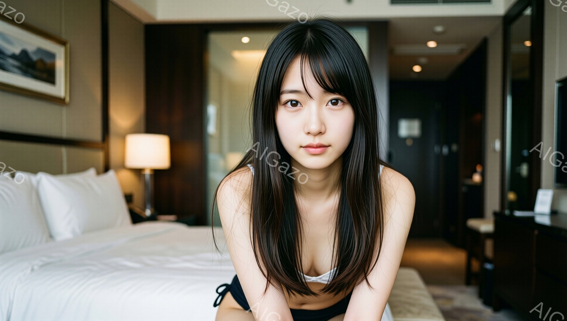 長い黒髪の女性がベッドに横たわっています。彼女は白いブラレットと黒い下着を着ており、少し微笑んでいます。背景には、ベージュを基調とした客室、絵画、間接照明が見え、リラックスした雰囲気を醸し出しています。