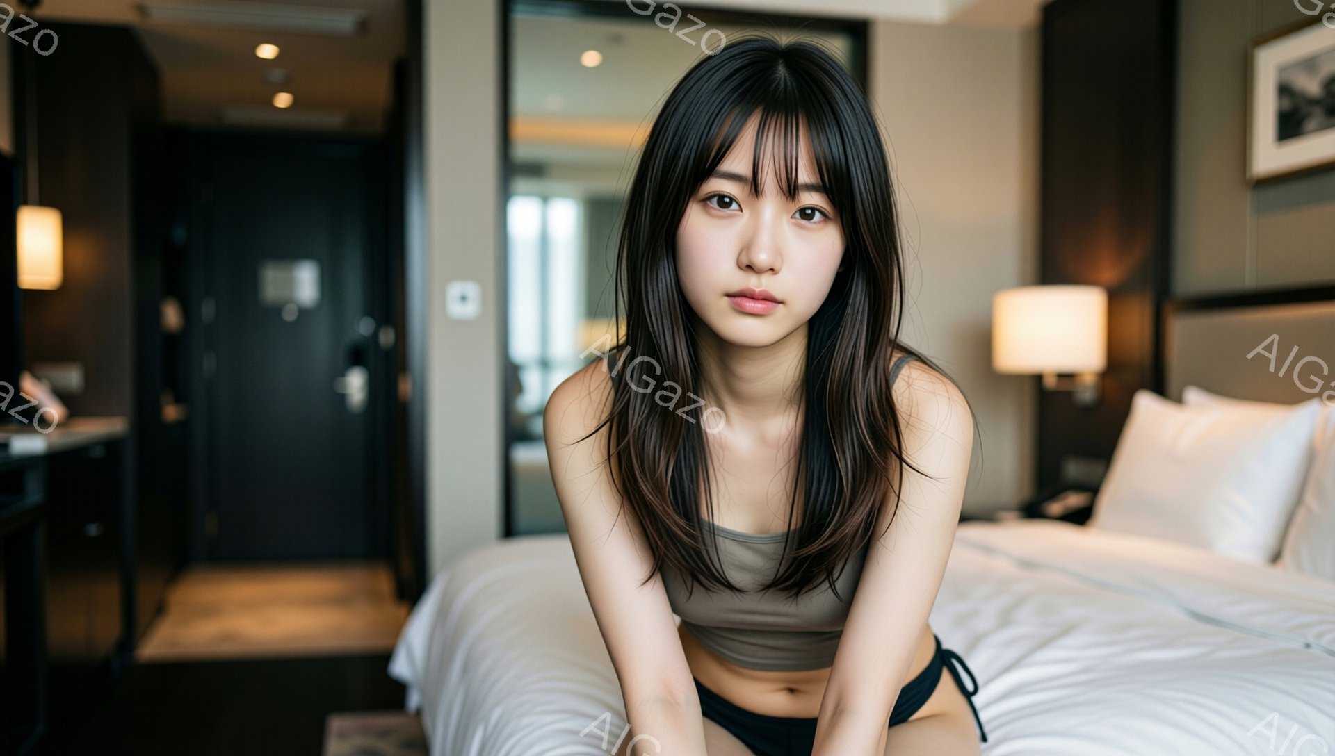 長い黒髪で、前髪が眉毛にかかるようにカットされた女性が写っています。ベージュ色のトップスと黒い下着を身につけ、ベッドに座ってこちらを見ています。背景にはホテルの一室があり、窓から光が差し込み、白いベッ - AI生成フリー素材