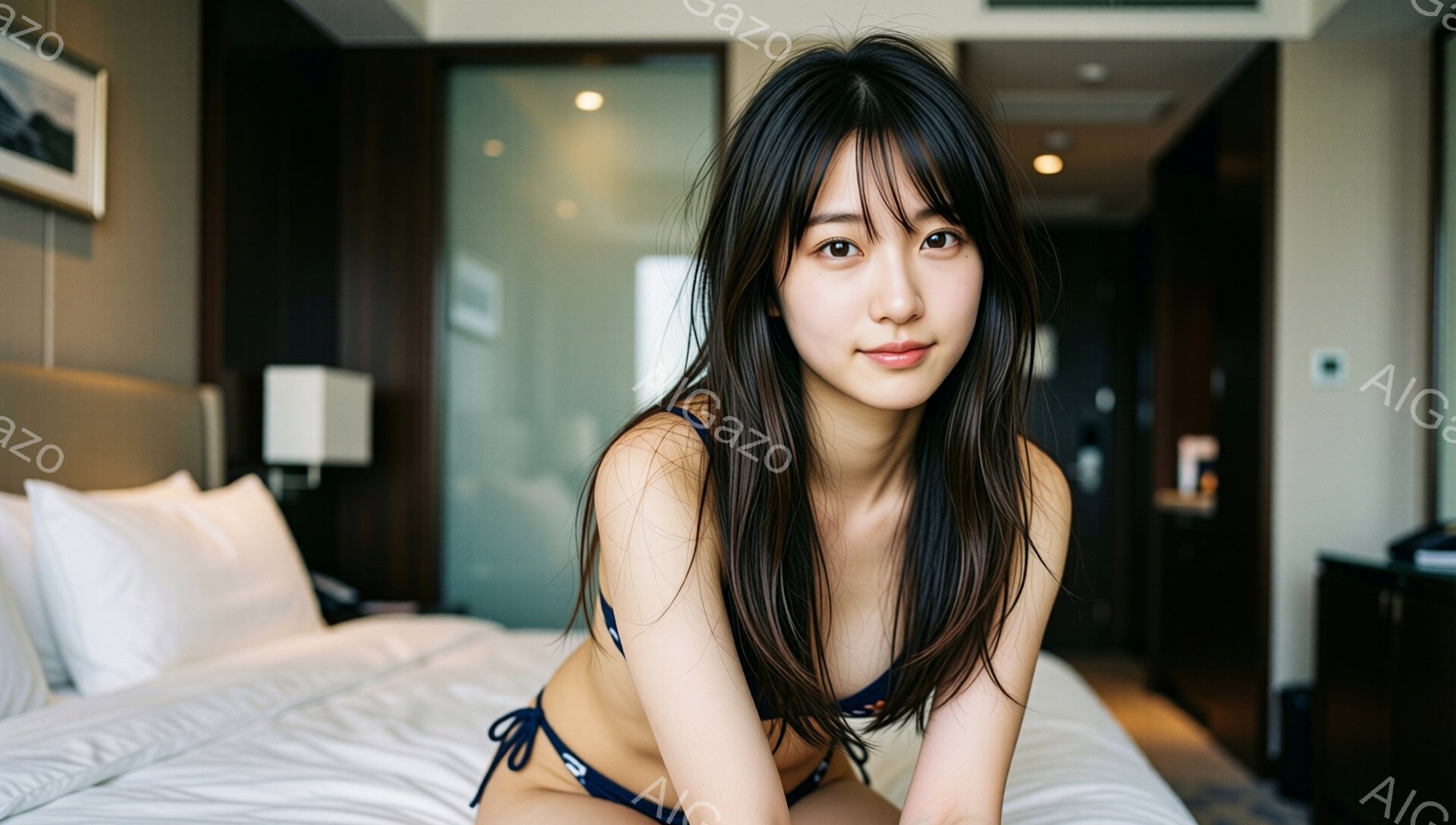 長い黒髪を肩にかける女性が、青いランジェリーを着てベッドに座っています。彼女はカメラに向かって微笑んでおり、リラックスした表情をしています。背景はホテルの部屋で、白い枕とダークブラウンの家具が配置され - AI生成フリー素材