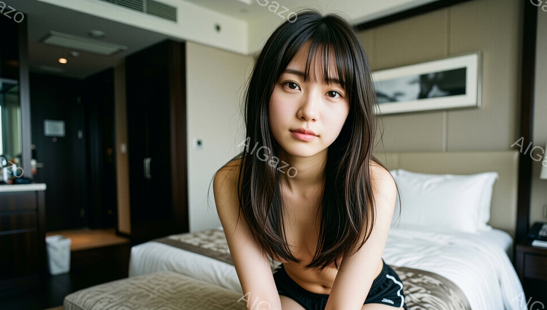 長い黒髪の女性がベッドに座っており、白いシーツと枕に囲まれています。彼女は黒い下着を身に着け、少し微笑みながらカメラを見つめており、リラックスした雰囲気を醸し出しています。背景には木製の家具と抽象的な - AI生成フリー素材