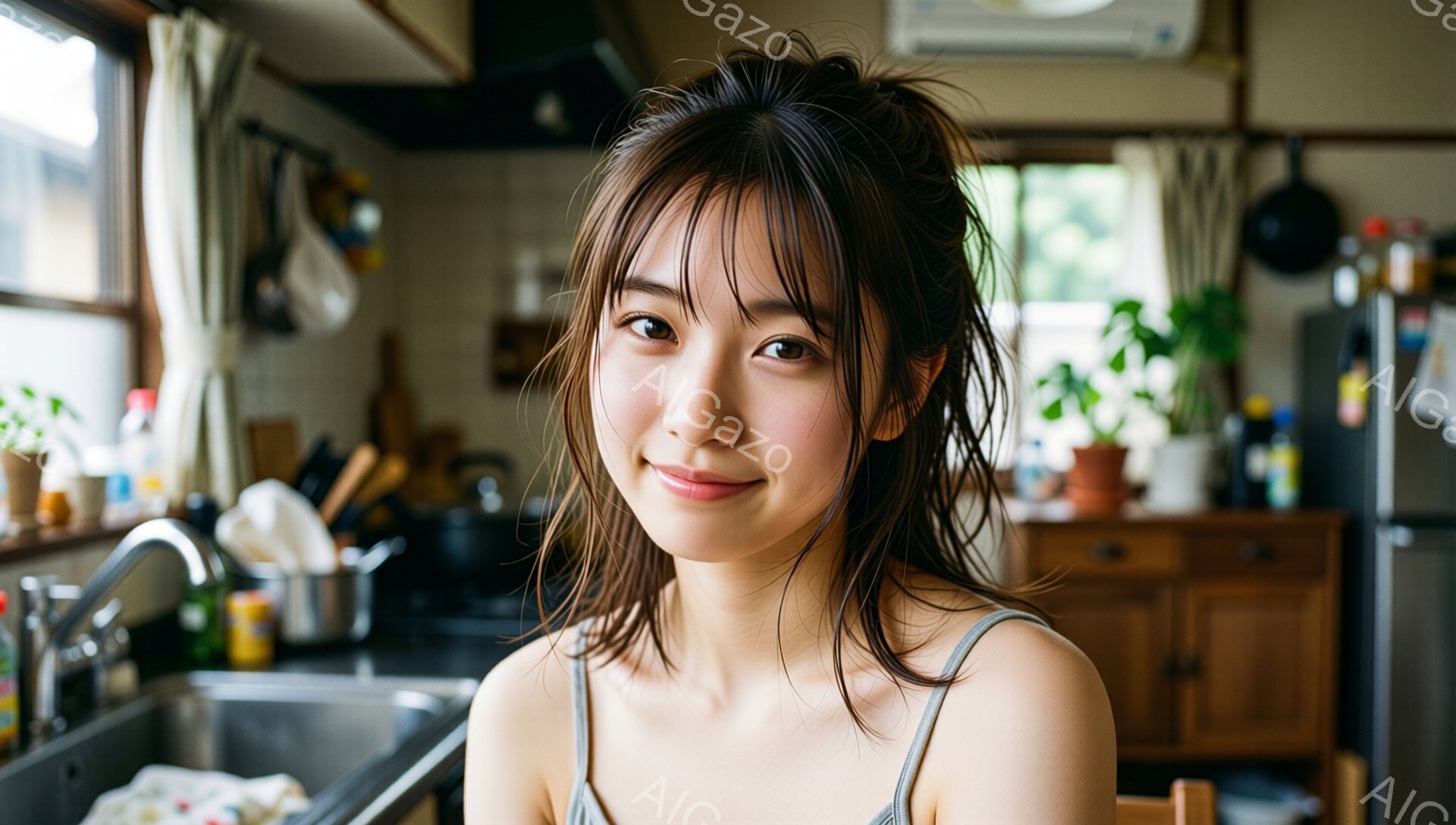 長い髪を無造作にまとめた若い女性が、キッチンで微笑んでいます。白いキャミソールを着ており、明るい表情でカメラを見つめています。背景には、調理器具や食器棚、そして窓から見える緑豊かな風景が広がっており、温かく穏やかな雰囲気が漂っています。