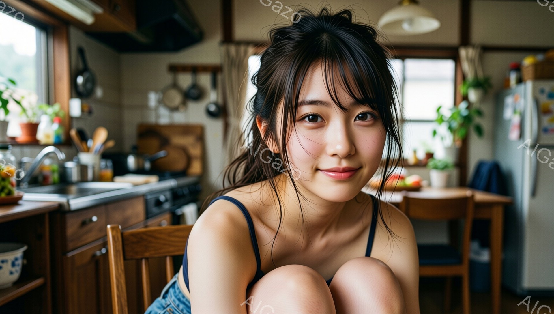 若い女性がキッチンで椅子に座ってこちらを見て微笑んでいます。彼女はデニムのショートパンツと肩出しのトップスを着ており、髪は無造作にまとめられています。背景にはキッチン用品、木製のテーブルと椅子、そして冷蔵庫が見え、全体的に温かく家庭的な雰囲気です。