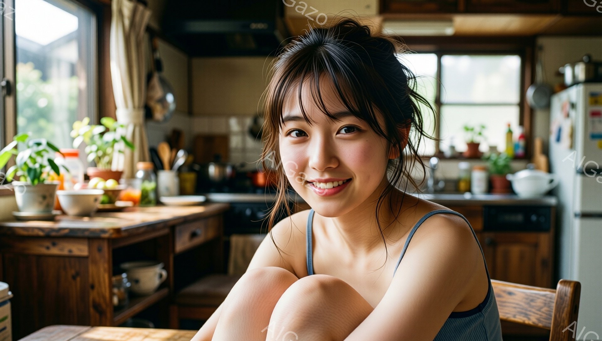 明るいキッチンで、若い女性が椅子に座って微笑んでいます。彼女は肩出しの青いトップスを着ており、髪は無造作にアップスタイルにされています。背景には調理器具や植物が並び、暖かく家庭的な雰囲気が漂っています。