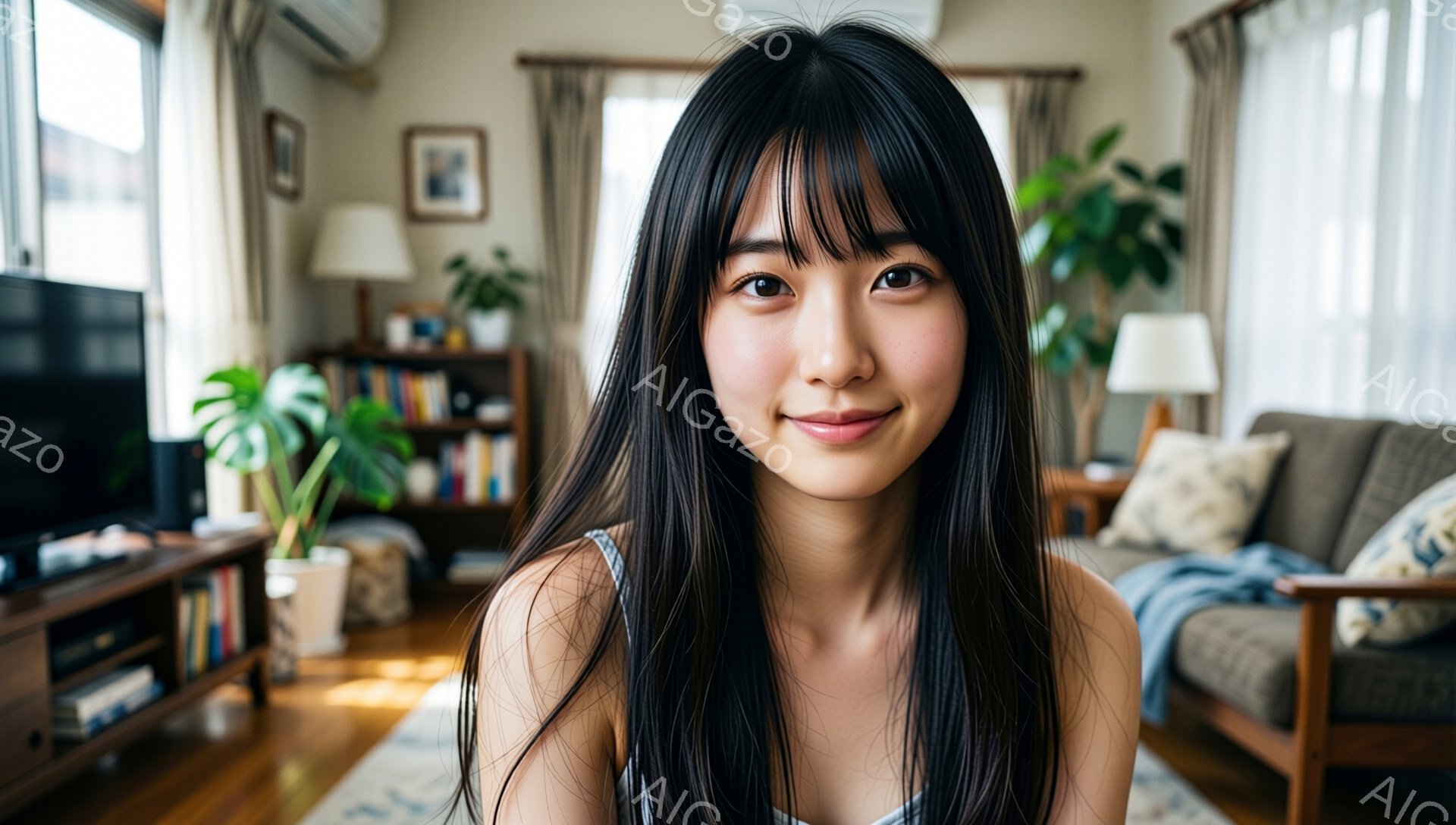 長い黒髪で、前髪が少し目にかかる女性が写っています。彼女は白いタンクトップを着ており、穏やかな笑顔を浮かべています。背景には、ソファや本棚のある明るいリビングルームがあり、観葉植物がいくつか飾られてい - AI生成フリー素材