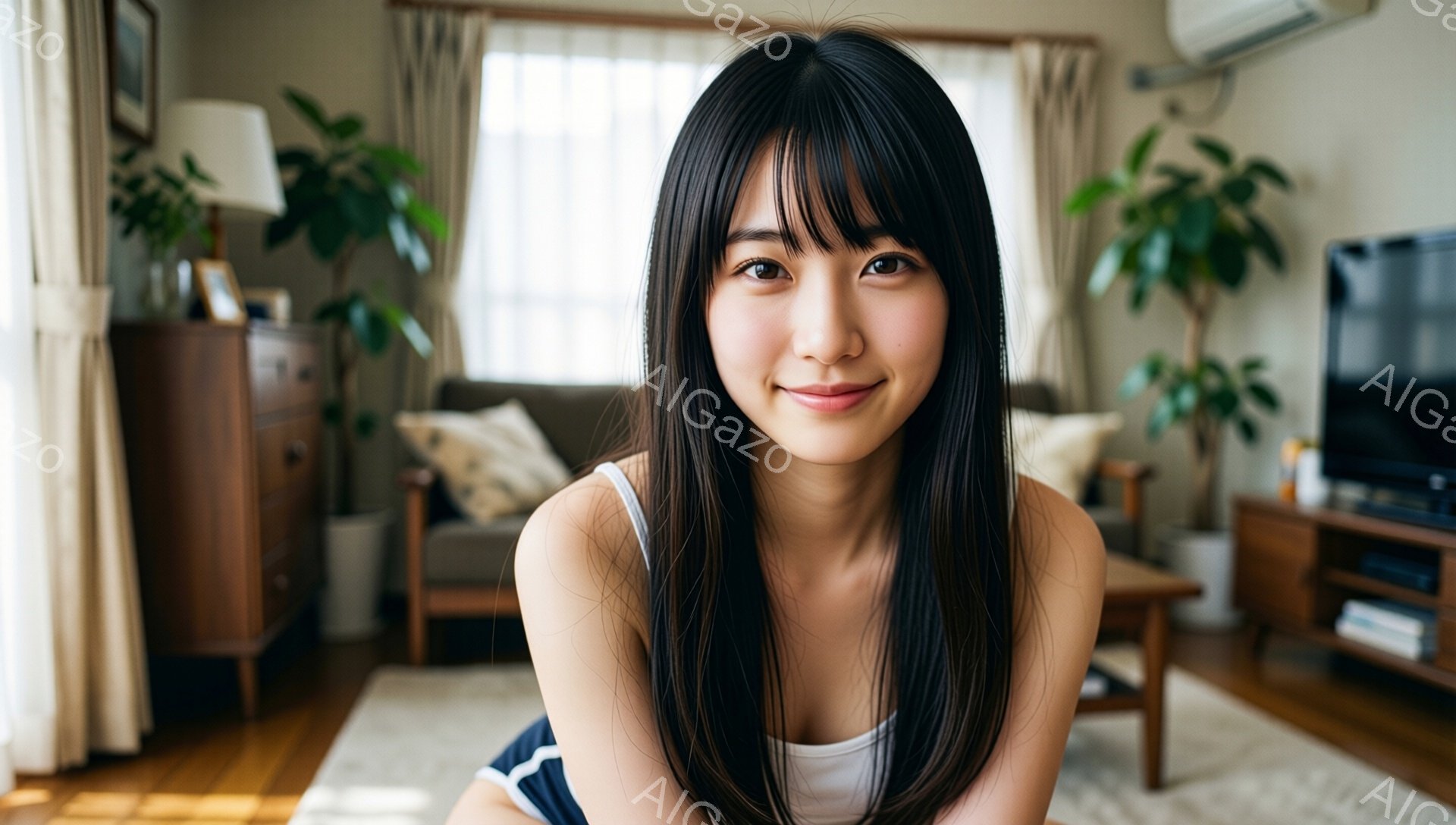 長い黒髪で前髪が目の上にかかる女性が写っています。白いタンクトップと紺色のショートパンツを着ており、床に横たわってカメラの方を見て微笑んでいます。背景には、木製のキャビネット、ソファ、観葉植物、テレビ - AI生成フリー素材