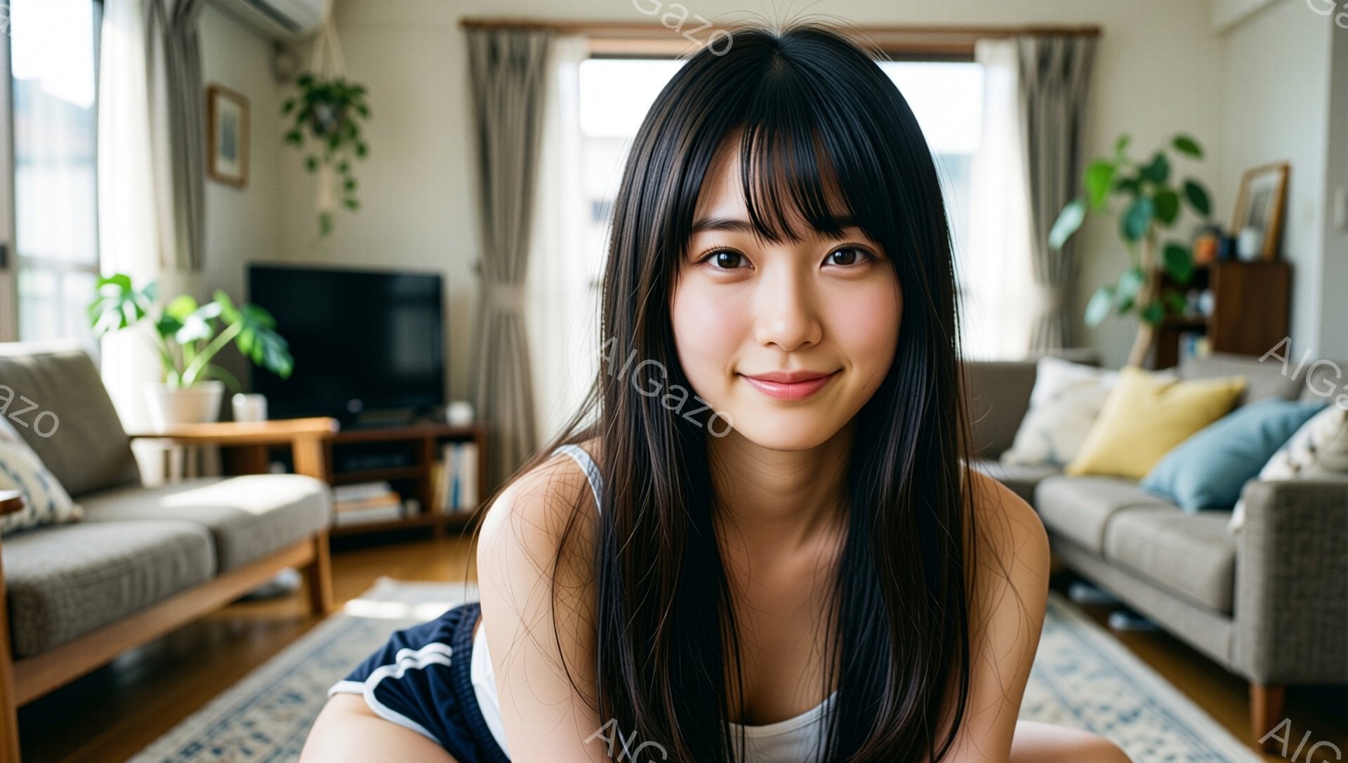長い黒髪で前髪が少しふさふさとした女性が、白いタンクトップと紺色のショートパンツ姿で、床に横たわっています。彼女は微笑んでいて、リラックスした雰囲気です。背景には、ベージュのソファ、木製の棚、テレビがあり、窓からは明るい光が差し込み、家庭的で穏やかな室内空間が広がっています。