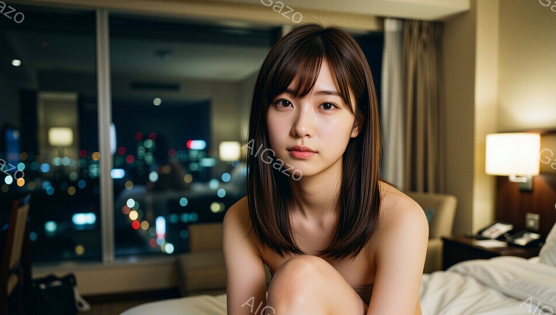 画像には、長い茶色の髪で、前髪が目にかかる若い女性が写っています。彼女はベッドに膝を抱えて座っており、やや憂いを帯びた表情でカメラを見ています。背景には夜景が広がり、ホテルの部屋の中であることがわかります。