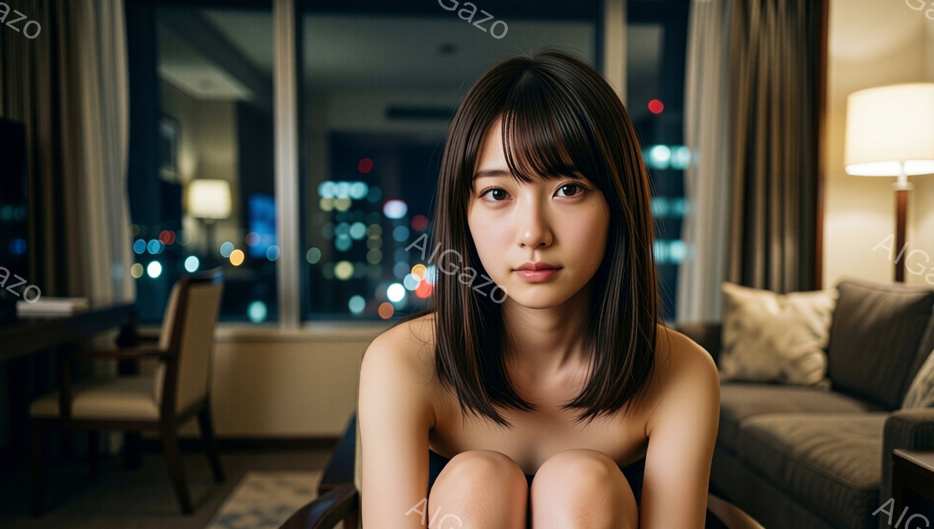 ショートヘアの若い女性が、膝を抱えて椅子に座っています。彼女は薄い化粧をしており、控えめな微笑みを浮かべています。背景には夜景が見えるリビングルームがあり、暖かい光が室内を照らしています。