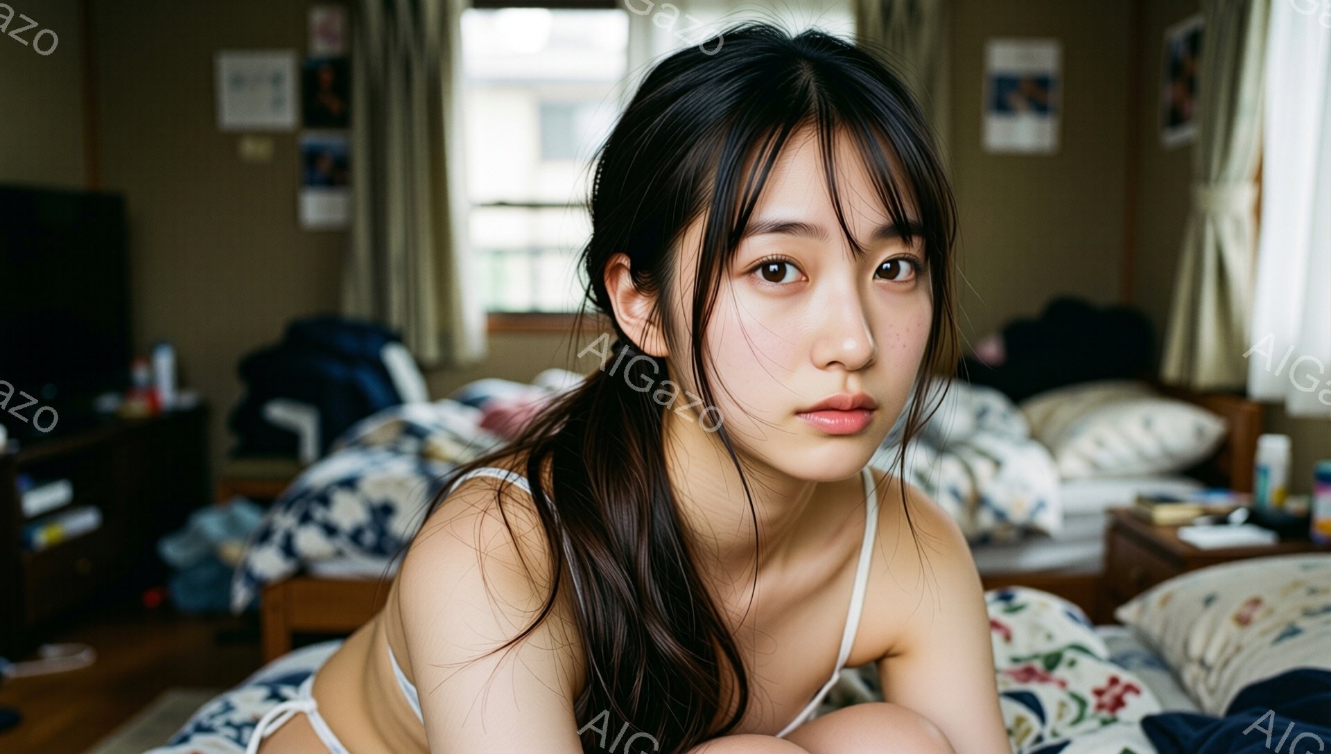 長い黒髪を無造作に後ろで束ねた若い女性が、白いキャミソールを着てベッドに横たわっている。彼女はカメラを見つめており、少し憂いを帯びた表情をしている。背景には、散らかったベッド、木製の家具、窓から差し込む自然光が見え、日常的な寝室の雰囲気が漂っている。