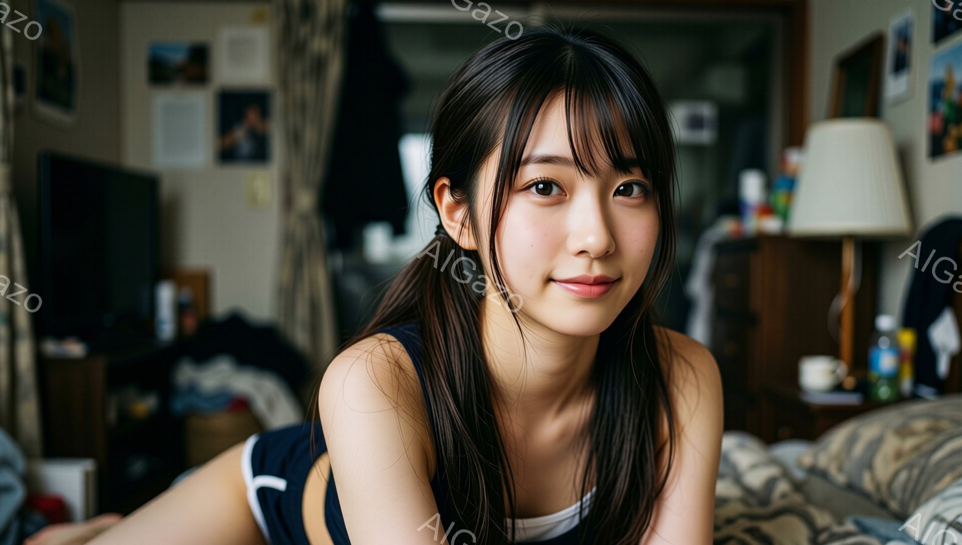 黒髪で前髪のある若い女性が、白いタンクトップを着てカメラに向かって微笑んでいます。彼女はベッドに横たわり、リラックスした姿勢で、背景には散らかった部屋と飾られた壁が見えます。部屋は薄暗く、暖かく居心地 - AI生成フリー素材