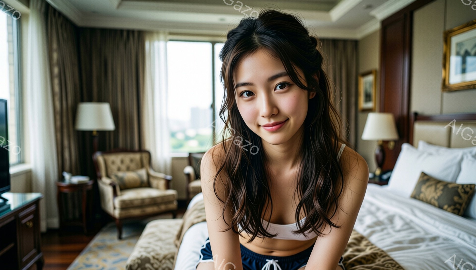 長いダークブラウンの髪を肩にかける女性が、白いタンクトップと青いショーツ姿でベッドに座っています。彼女は微笑んでいて、リラックスした雰囲気を漂わせています。背景には、優雅なアームチェア、装飾されたベッド、そして窓から見える都市の風景が見えます。