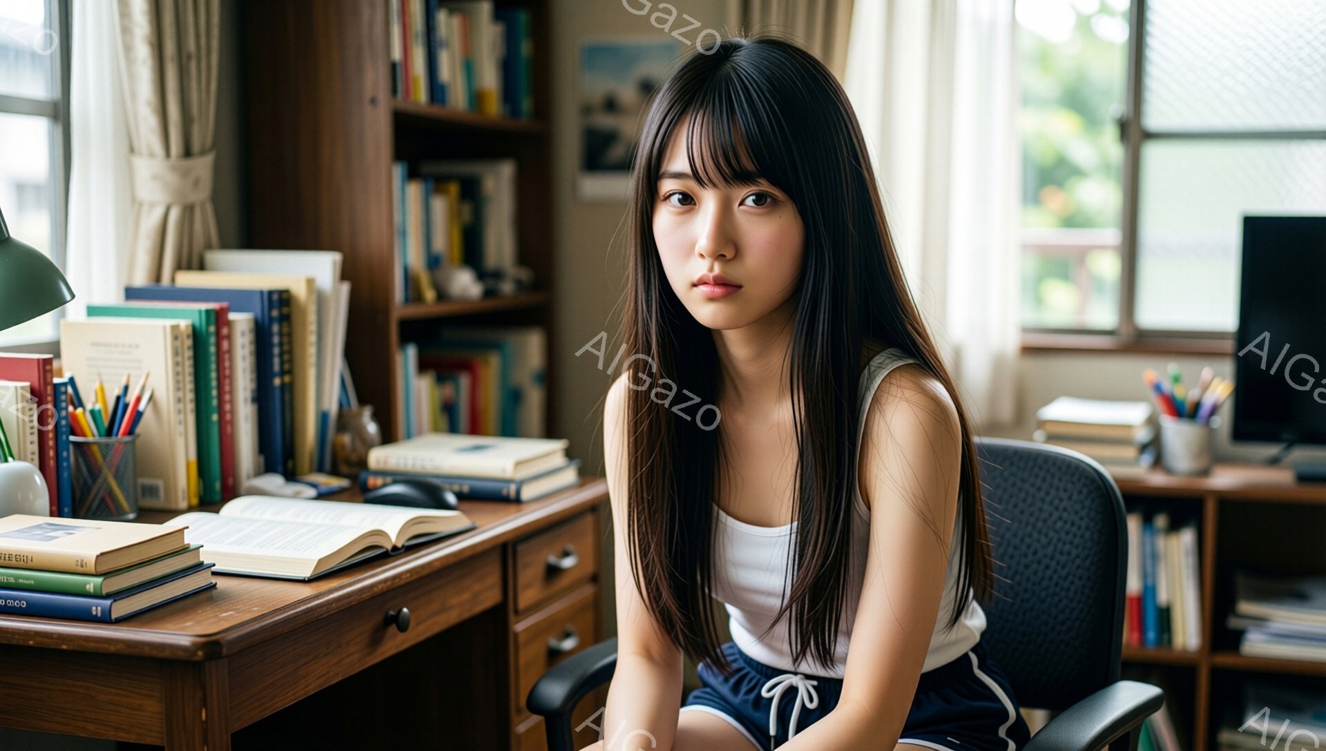 長い黒髪で前髪ぱっつんの女性が、白いタンクトップと紺色のショートパンツ姿で椅子に座っています。彼女は少し憂いを帯びた表情でカメラを見つめており、周りには本や文房具が置かれた木製の机があります。背景には本棚と窓が見え、室内は明るく学習スペースとして整えられています。