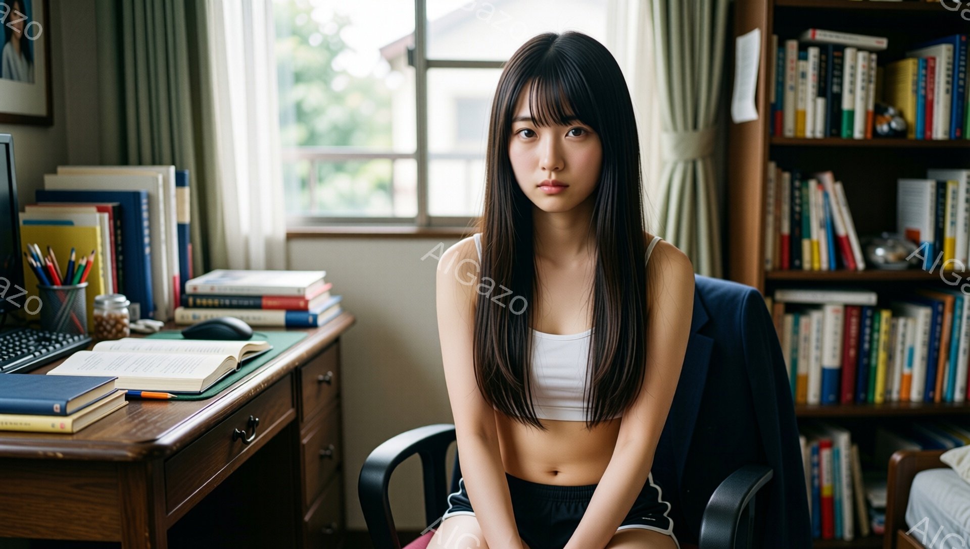 長い黒髪の女性が、白いタンクトップと黒いショーツ姿で、オフィスチェアに座っています。彼女は少し眉をひそめ、どこか憂いを帯びた表情をしています。背景には本棚、机、パソコンがあり、学習スペースであることを示唆しています。