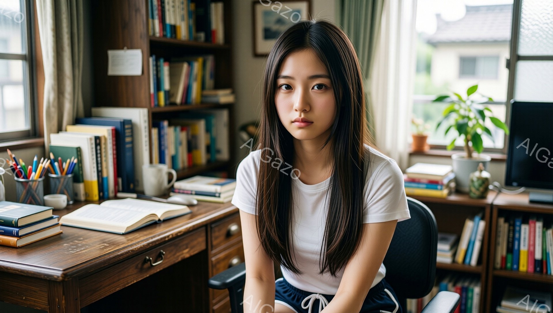 長い黒髪をなびかせた若い女性が、白いTシャツと紺色の運動ズボンを身に着けて椅子に座っています。彼女はカメラに向かって少し物憂げな表情で、両手は膝の上に置かれています。背景には本棚が並び、机の上には本や文房具が置かれ、窓の外には建物が見え、室内は明るく落ち着いた雰囲気です。