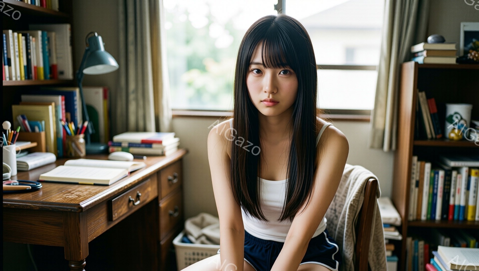 長い黒髪で前髪が少し眉にかかる女性が、白いタンクトップと紺色のショートパンツを着て椅子に座っている。彼女は少し憂いを帯びた表情でカメラを見つめ、背後には本棚と勉強机が置かれている。室内は明るく、落ち着いた雰囲気で、勉強や読書をする空間であることがわかる。