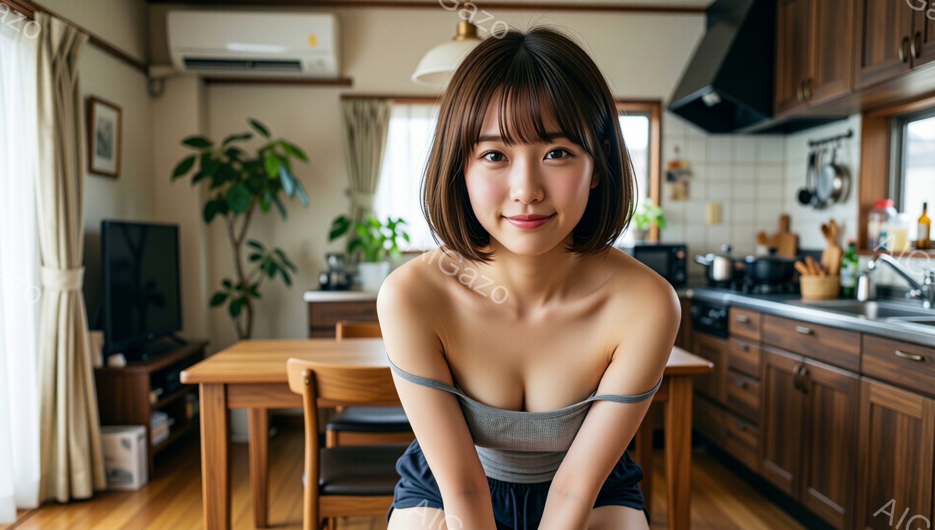 明るいキッチンで、茶髪のショートヘアの女性が椅子に座っています。彼女はグレーのトップスと紺色のショートパンツを着ており、少し微笑んだ表情をしています。背景には木製のキッチンキャビネット、白いタイル、そして観葉植物が見え、温かく居心地の良い雰囲気が漂っています。