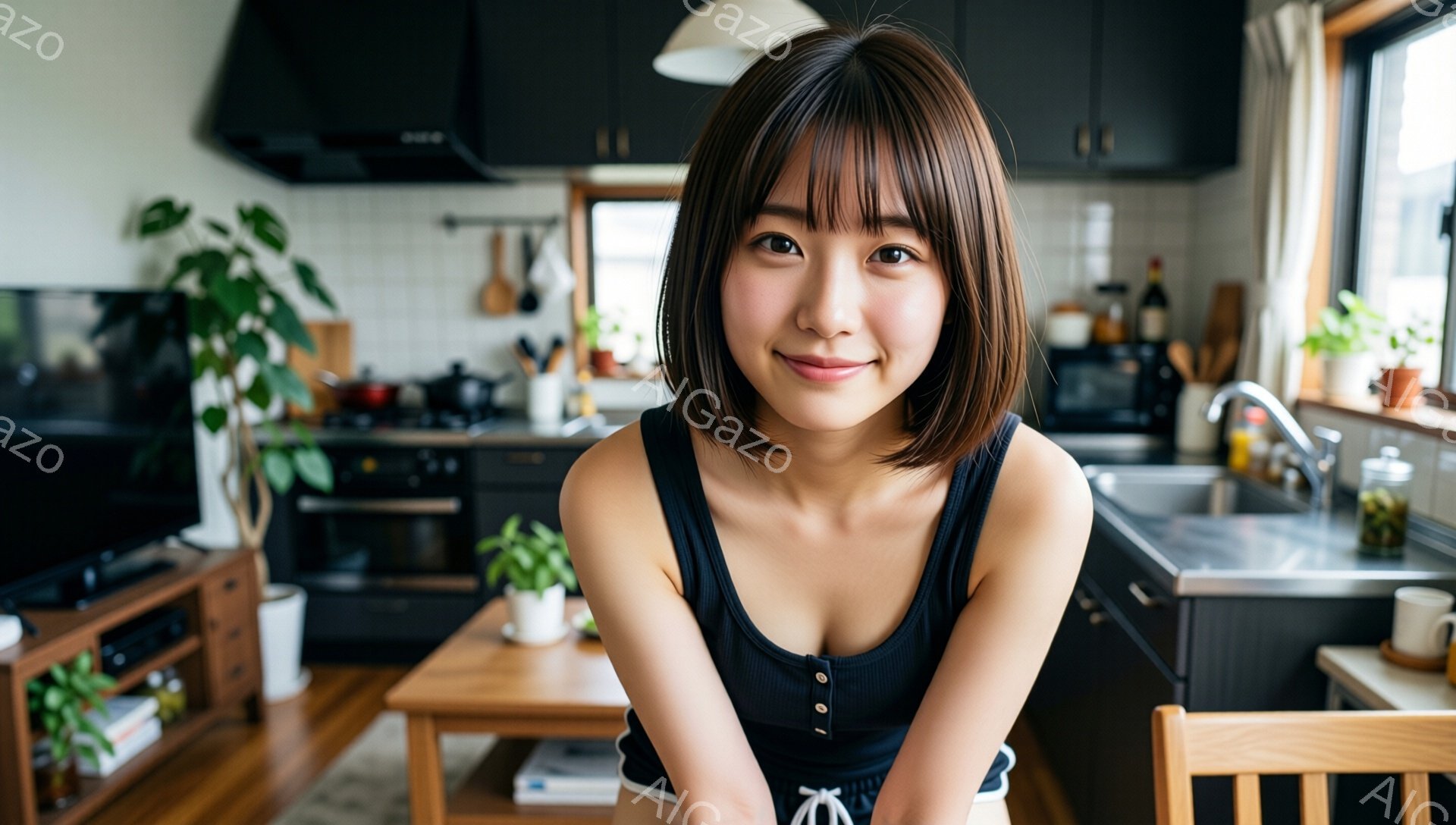 画像には、黒髪のボブヘアで前髪が目の上にかかる女性が写っています。彼女は黒いタンクトップを着ており、穏やかな笑顔を浮かべています。背景はキッチンで、木製のテーブル、調理器具、植物があり、暖かく家庭的な雰囲気が漂っています。