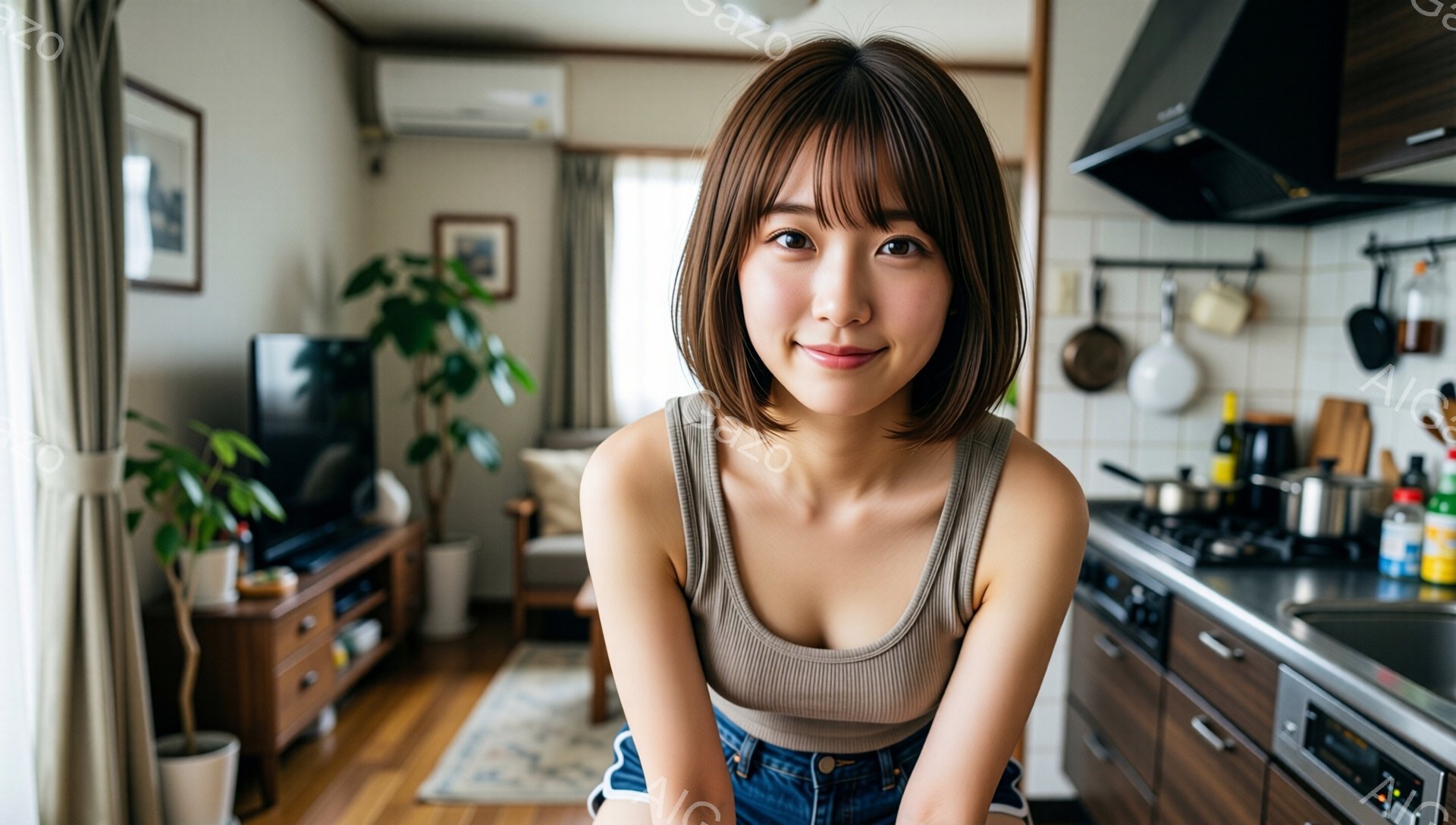短い茶髪の女性がキッチンでこちらを見て微笑んでいます。ベージュのタンクトップとデニムのズボンを着用し、リラックスした姿勢で座っています。背景には木製のキャビネット、調理器具、観葉植物があり、家庭的な温 - AI生成フリー素材