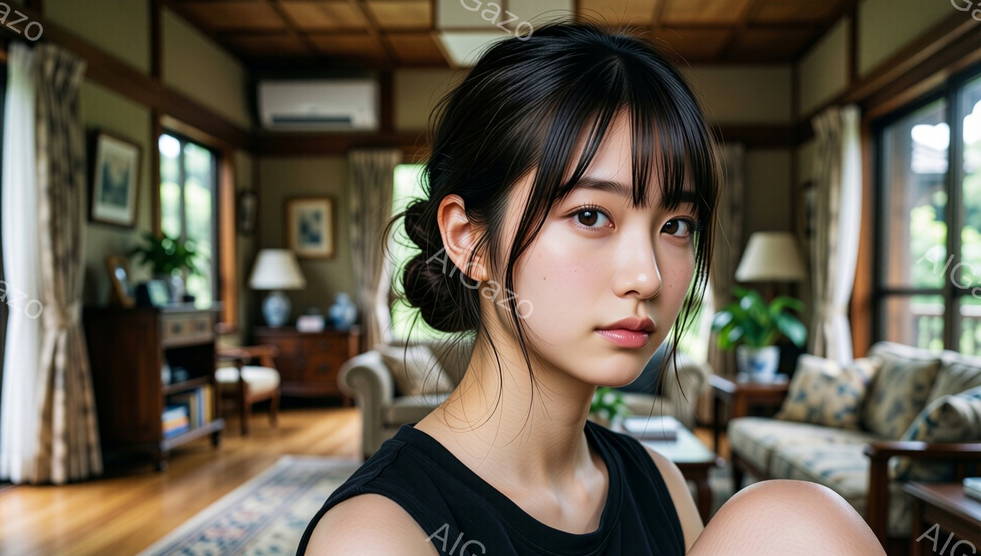 若い女性が正面を向き、肩から上がクローズアップされています。彼女は黒いタンクトップを着ており、前髪ぱっつんのヘアスタイルで、髪は後ろでゆるくまとめられています。室内は明るく、窓からは緑が見え、落ち着い - AI生成フリー素材