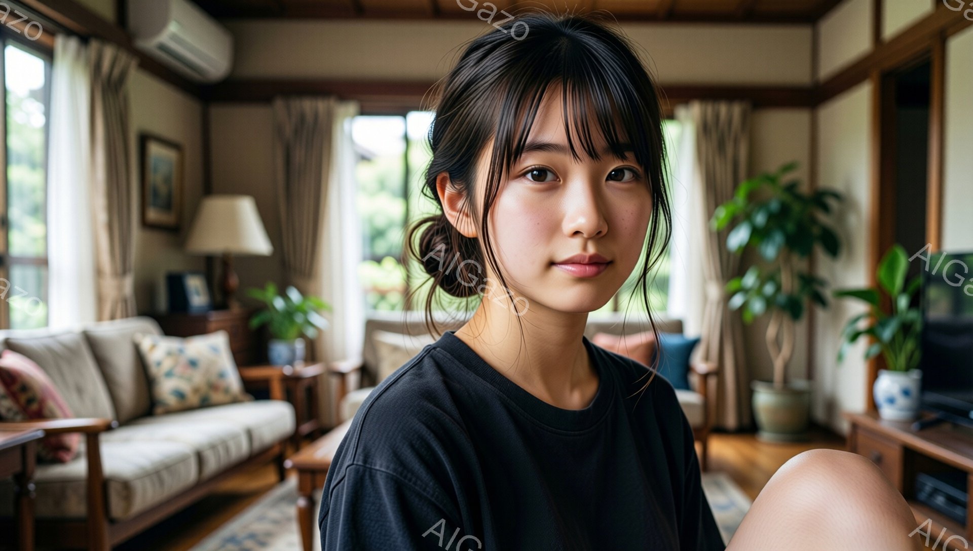 画像は、黒いTシャツを着た若い女性を捉えています。彼女は前髪を下ろし、髪を後ろで軽くまとめています。背景には、ソファ、植物、そして自然光が差し込む窓があり、暖かく家庭的な雰囲気です。