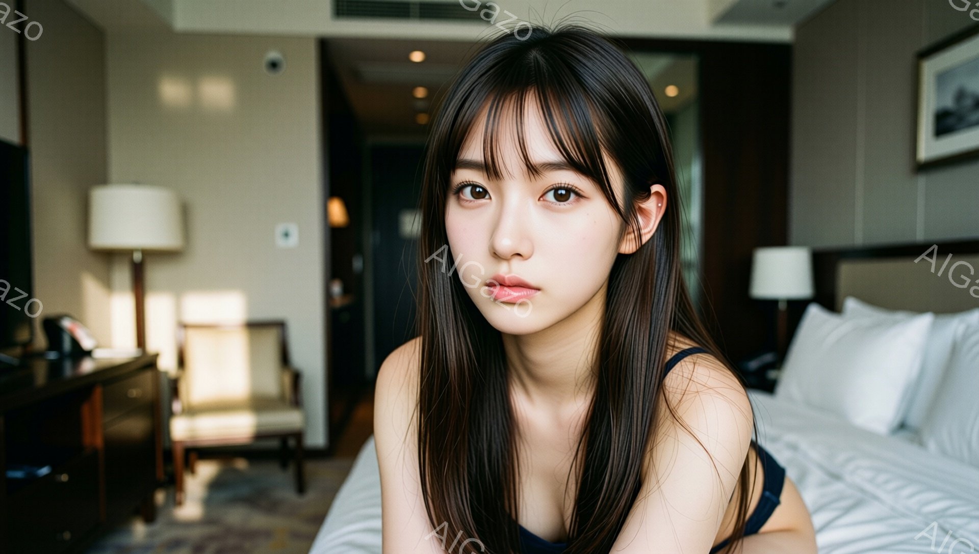 長い黒髪の女性がベッドに横たわっており、少し微笑んでいます。彼女は黒いキャミソールを着ており、顔には自然なメイクが施されています。背景には、木製の椅子とテーブル、そして明るい色の壁と枕がある、明るく快適なホテルの部屋が見えます。