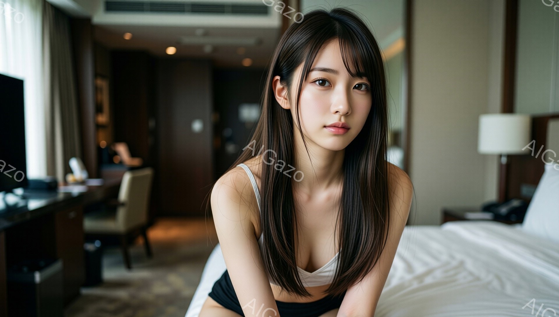 長い黒髪をなびかせた女性がベッドに座っています。白いキャミソールと黒い下着を着ており、少し微笑んだ表情でカメラを見ています。背景には木製の家具やベージュ色の壁が見え、ホテルの客室のような落ち着いた雰囲気が漂っています。