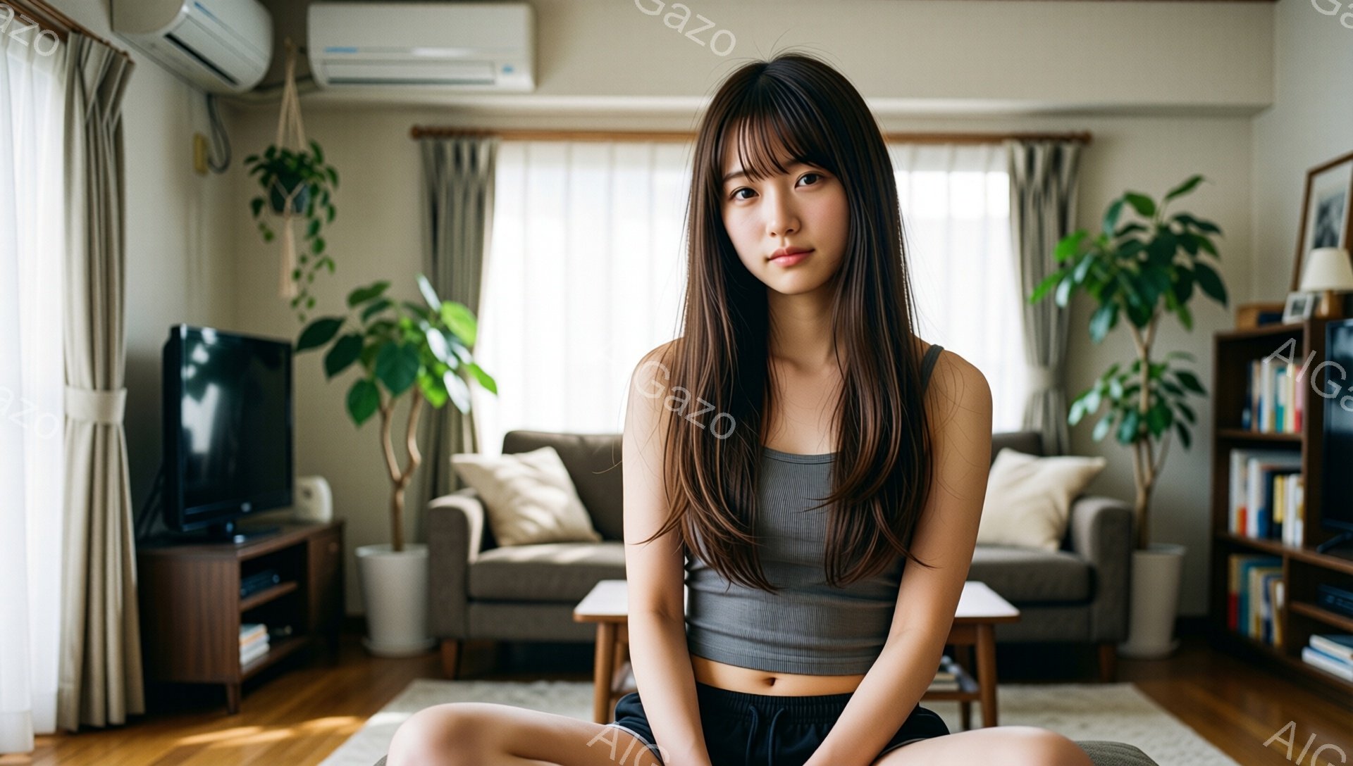 長い黒髪で、前髪が眉毛にかかる女性が座っています。グレーのタンクトップと黒いショーツ姿で、足を組んで床に座り、カメラを見て穏やかな表情を浮かべています。背景にはベージュ色のソファ、木製のテレビ台、観葉 - AI生成フリー素材