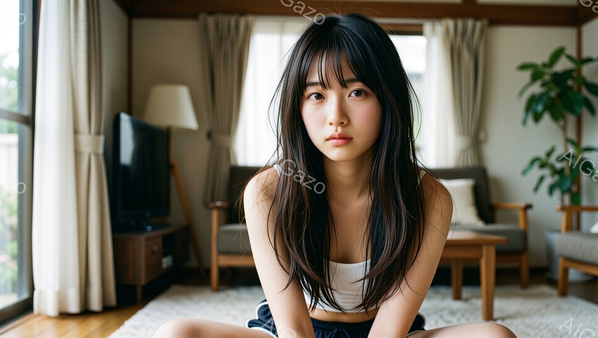 長い黒髪の女性が、白いトップスと黒いパンツ姿で座っている。彼女はカメラを見つめ、やや憂いを帯びた表情をしている。背景には、窓からの光が差し込むリビングルームがあり、テレビやソファ、観葉植物が見える。
