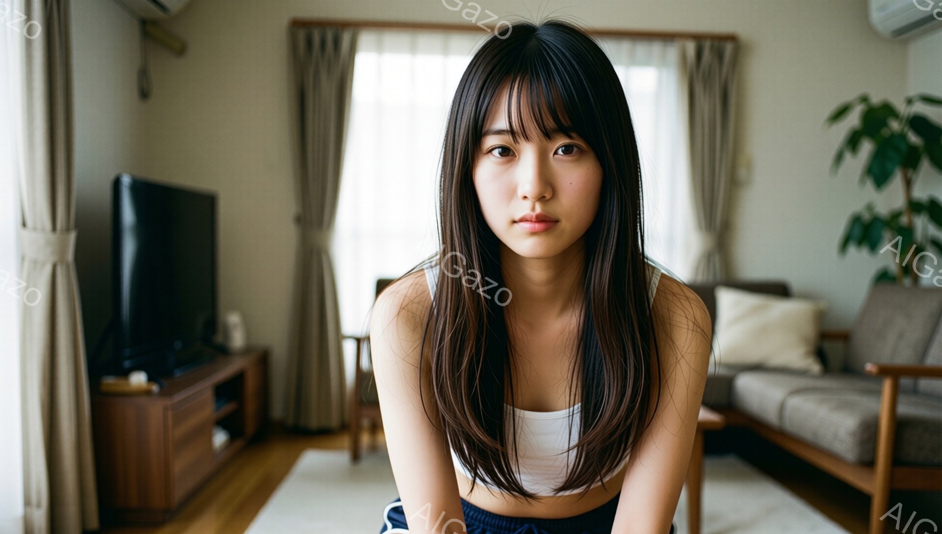 長い黒髪で、前髪が目の上にかかる女性が写っている。白いタンクトップと青いパンツを着用し、リラックスした姿勢で床に座っている。背景には、木製のテレビ台、ソファ、窓から差し込む自然光が見え、全体的に温かみのある家庭的な雰囲気が漂っている。