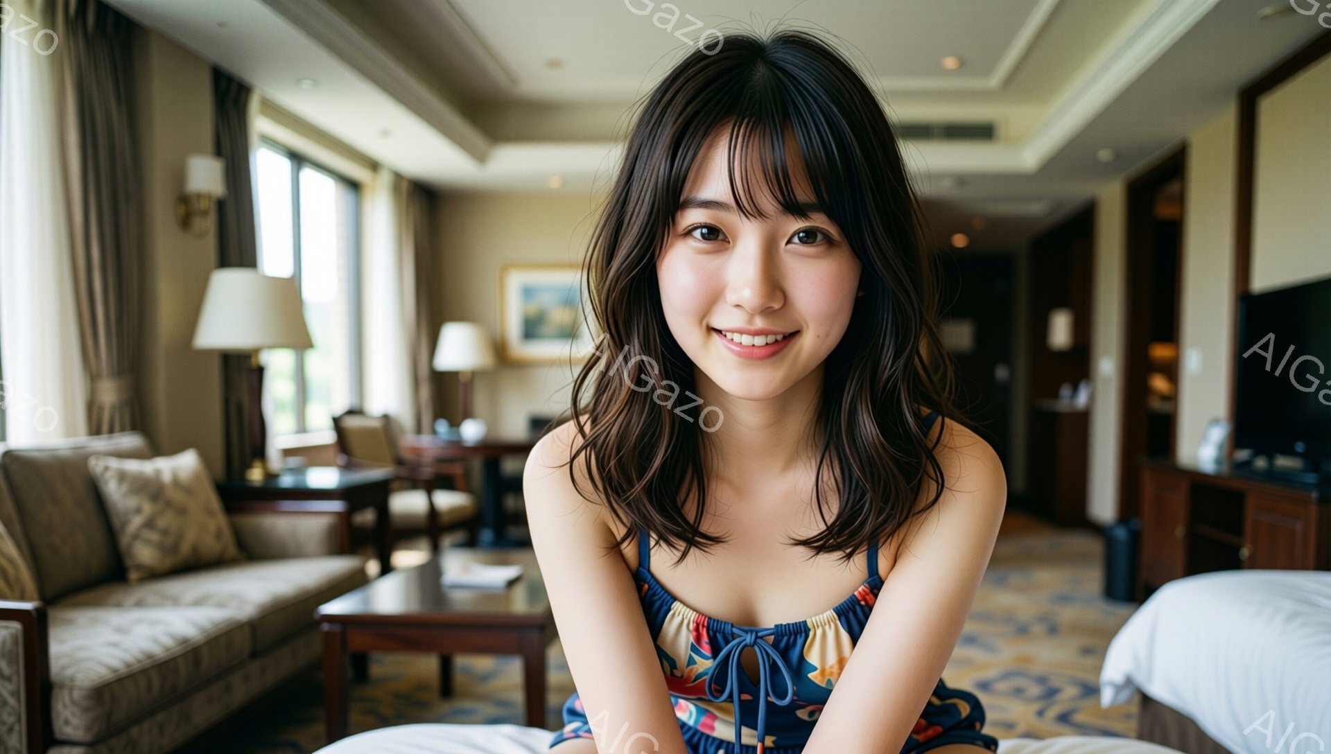 明るい室内で、茶髪の女性が微笑んでいます。彼女は肩出しのカラフルなワンピースを着ており、髪は肩にかかる長さで自然なウェーブがかかっています。背景には、ソファやテーブル、窓から見える緑豊かな景色が見え、 - AI生成フリー素材