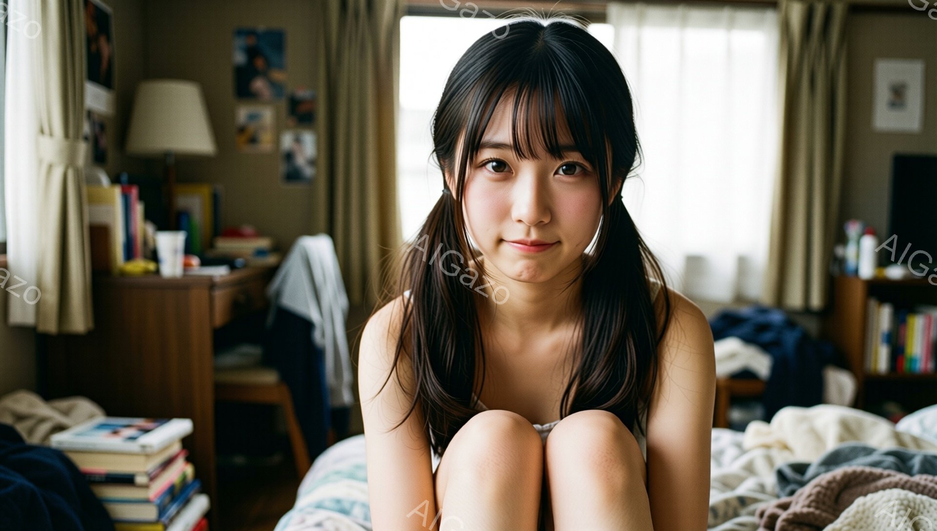 長い黒髪を左右に分けており、前髪は眉毛にかかる程度に切り揃えられています。女性はベッドに座り、膝を抱えて少し微笑んでいます。背景には本棚や間接照明が見え、部屋全体が暖かく、落ち着いた雰囲気です。