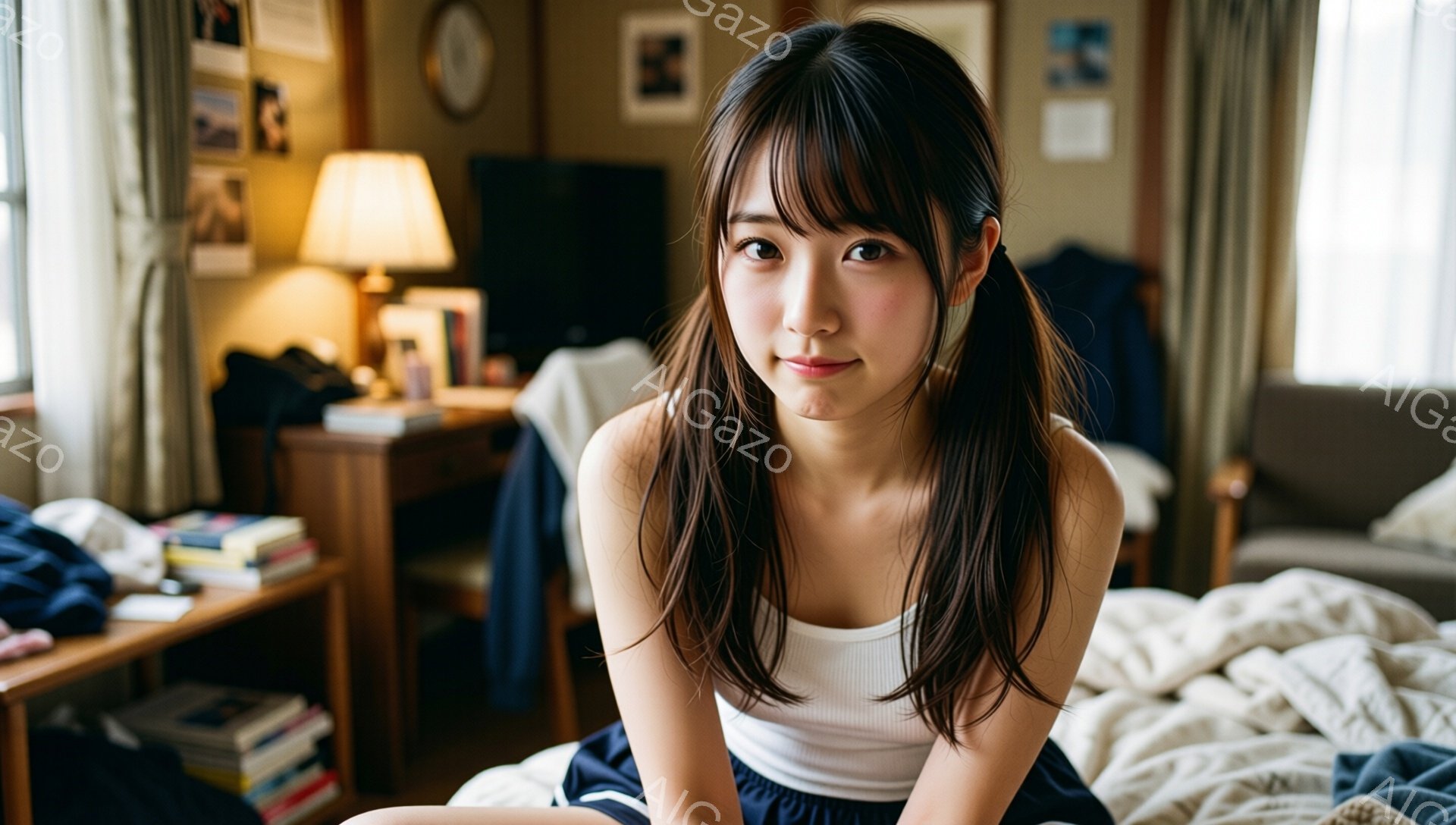 長い黒髪をハーフアップにした若い女性が、白いタンクトップと黒いズボンを着用してベッドに座っています。彼女はカメラに向かって少し微笑んでおり、リラックスした表情をしています。背景には、本棚、ランプ、そしてカーテンで覆われた窓が見え、暖かく居心地の良い雰囲気を醸し出しています。