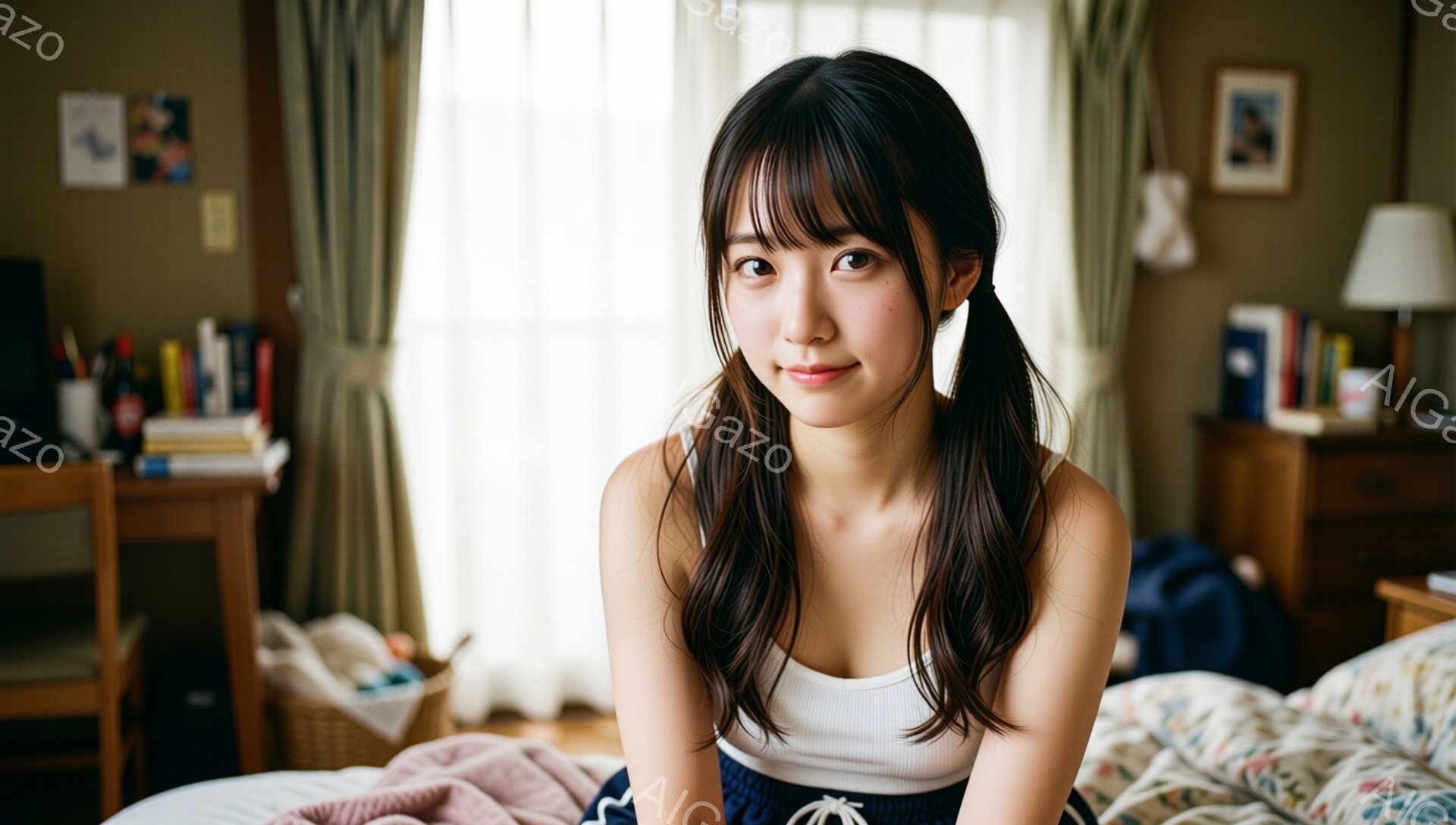 長い黒髪をハーフアップにした若い女性が、白いタンクトップと紺色のショートパンツ姿でベッドに座っています。彼女は微笑んでおり、穏やかで親しみやすい表情をしています。背景には、木製の家具や白いカーテンが見え、室内は暖かく、リラックスした雰囲気が漂っています。